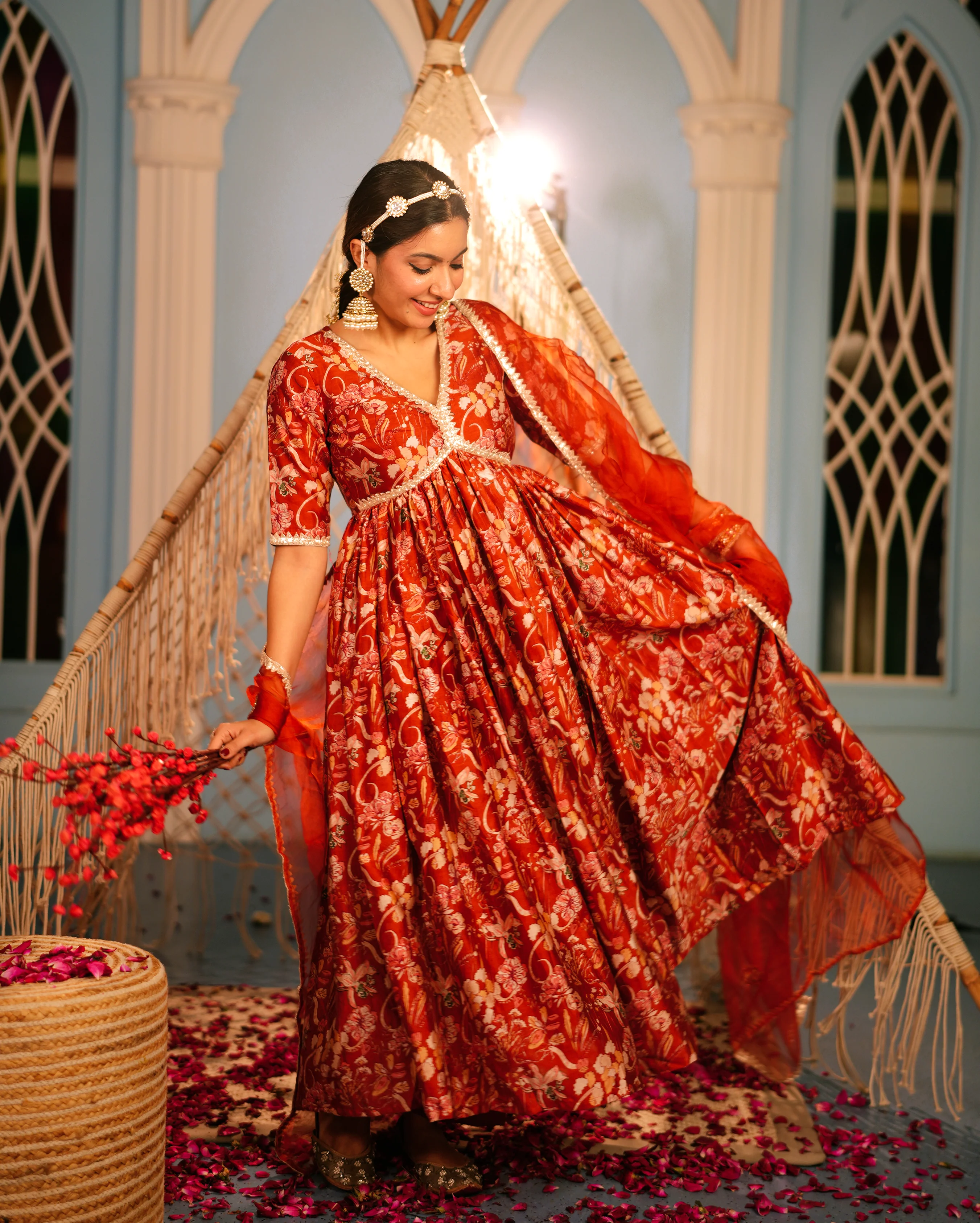 Aanchal Orange Printed Chanderi Suit Set - Image 4