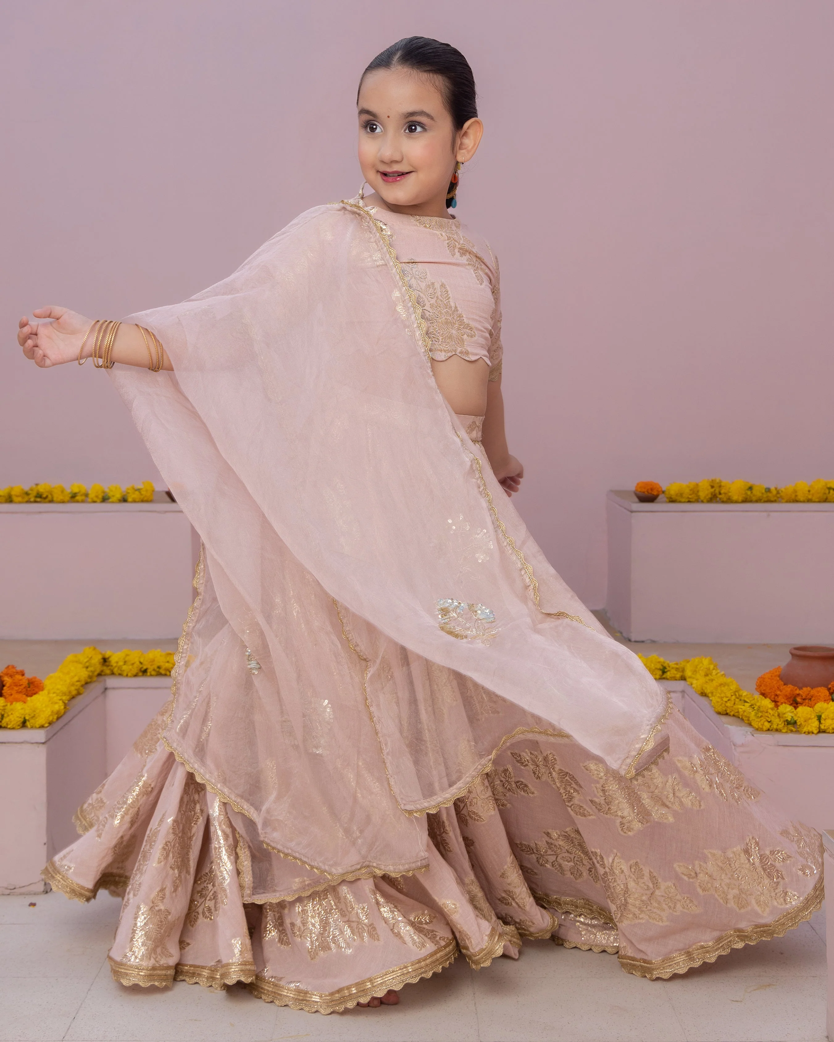 Aaru Pink Solid Jacquard Lehenga Set - Image 2