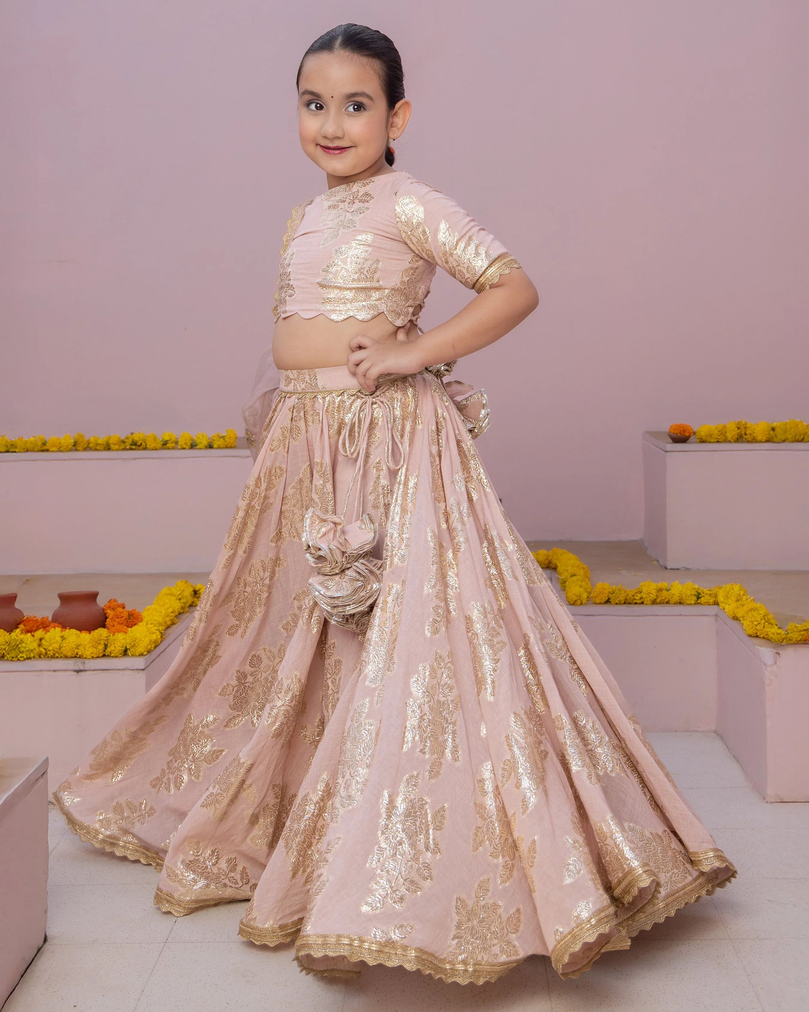 Aaru Pink Solid Jacquard Lehenga Set - Image 3
