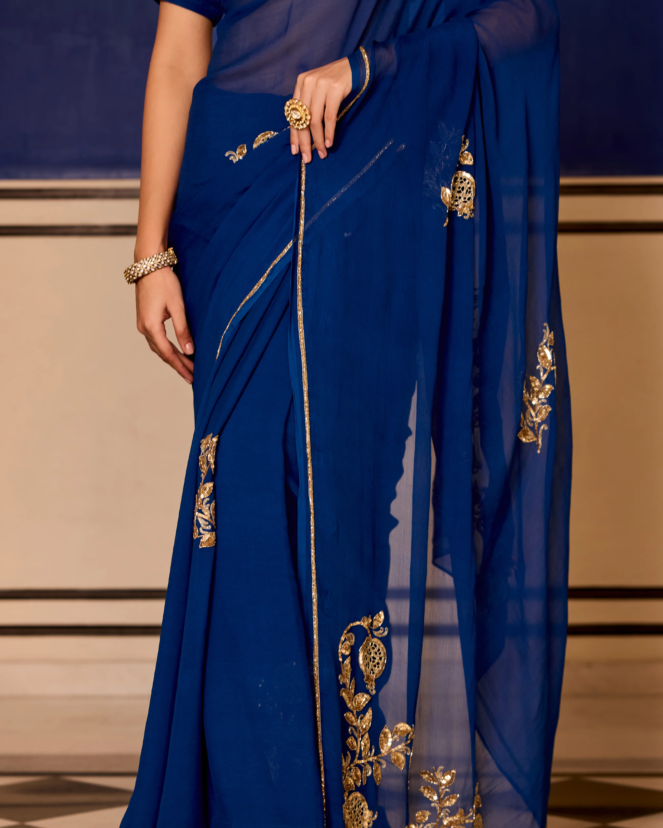 Abha Blue Handcrafted Chiffon Saree - Image 7