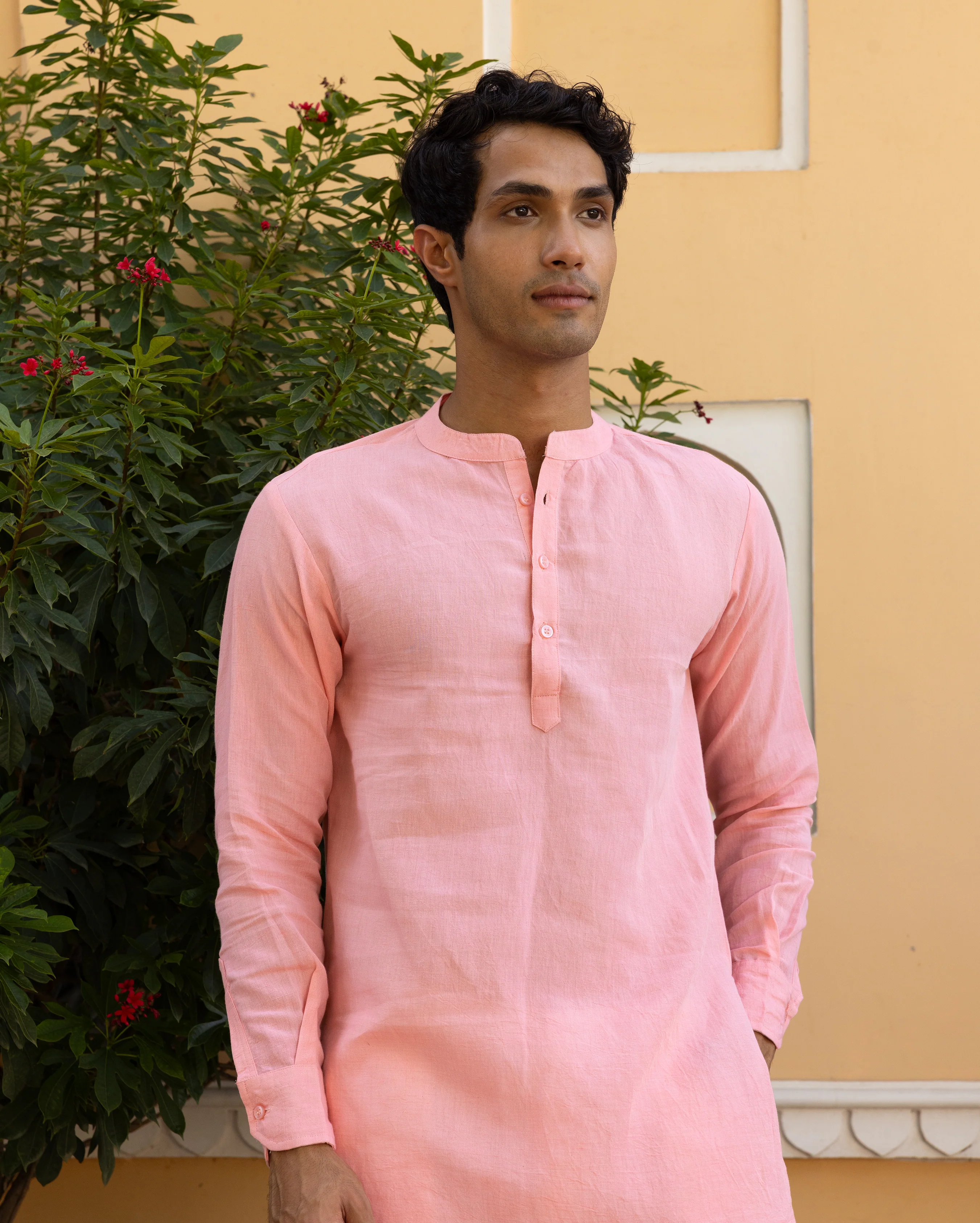 Aghora Peach Solid Linen Kurta - Image 2