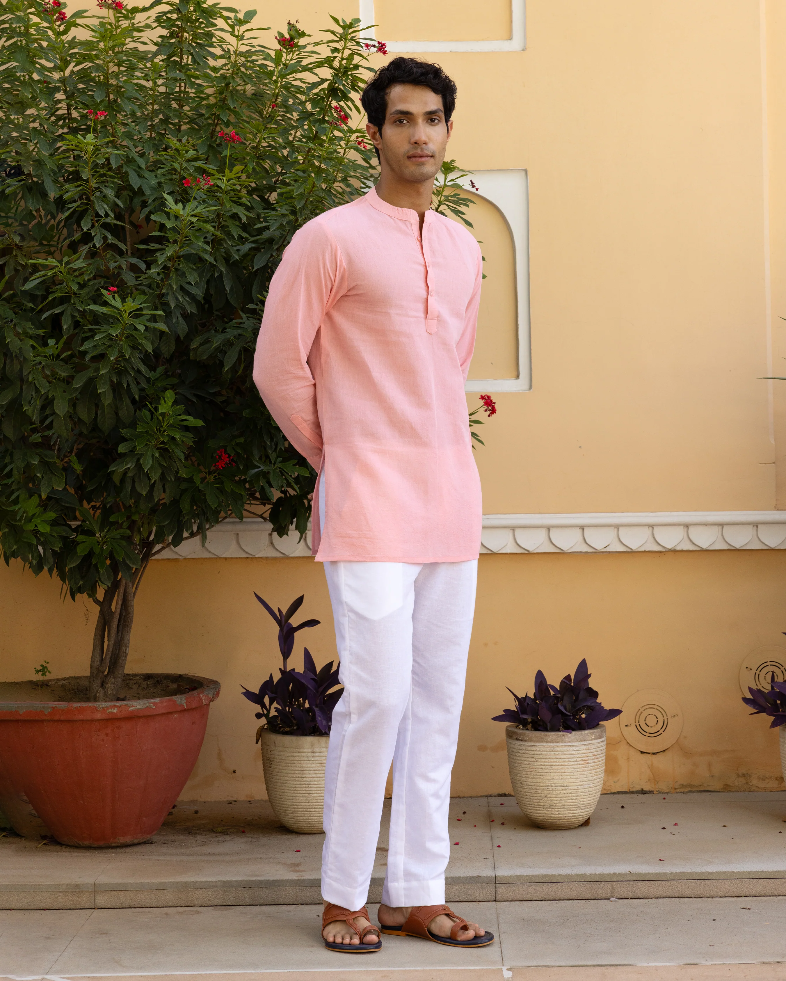 Aghora Peach Solid Linen Kurta - Image 4