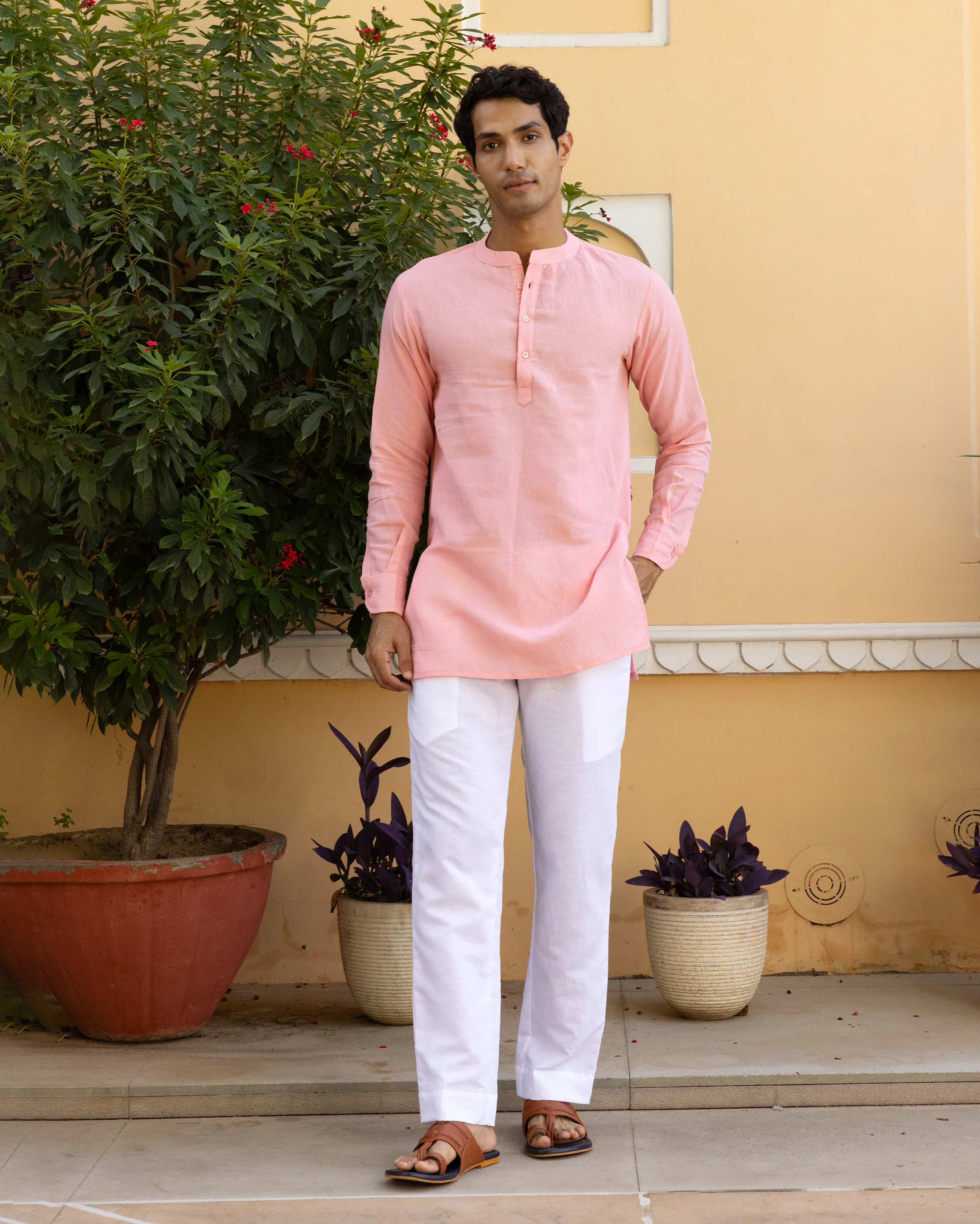 Aghora Peach Solid Linen Kurta - Image 5