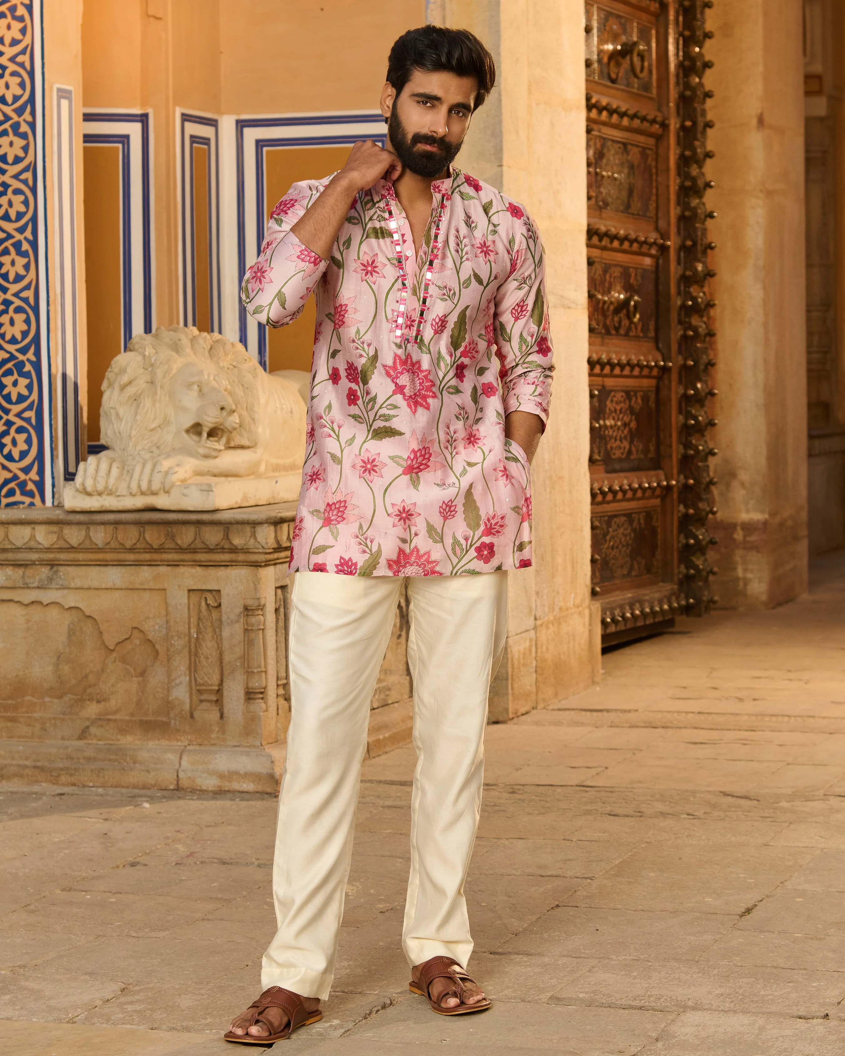 Anirudh Pink Printed Chanderi Kurta - Image 4