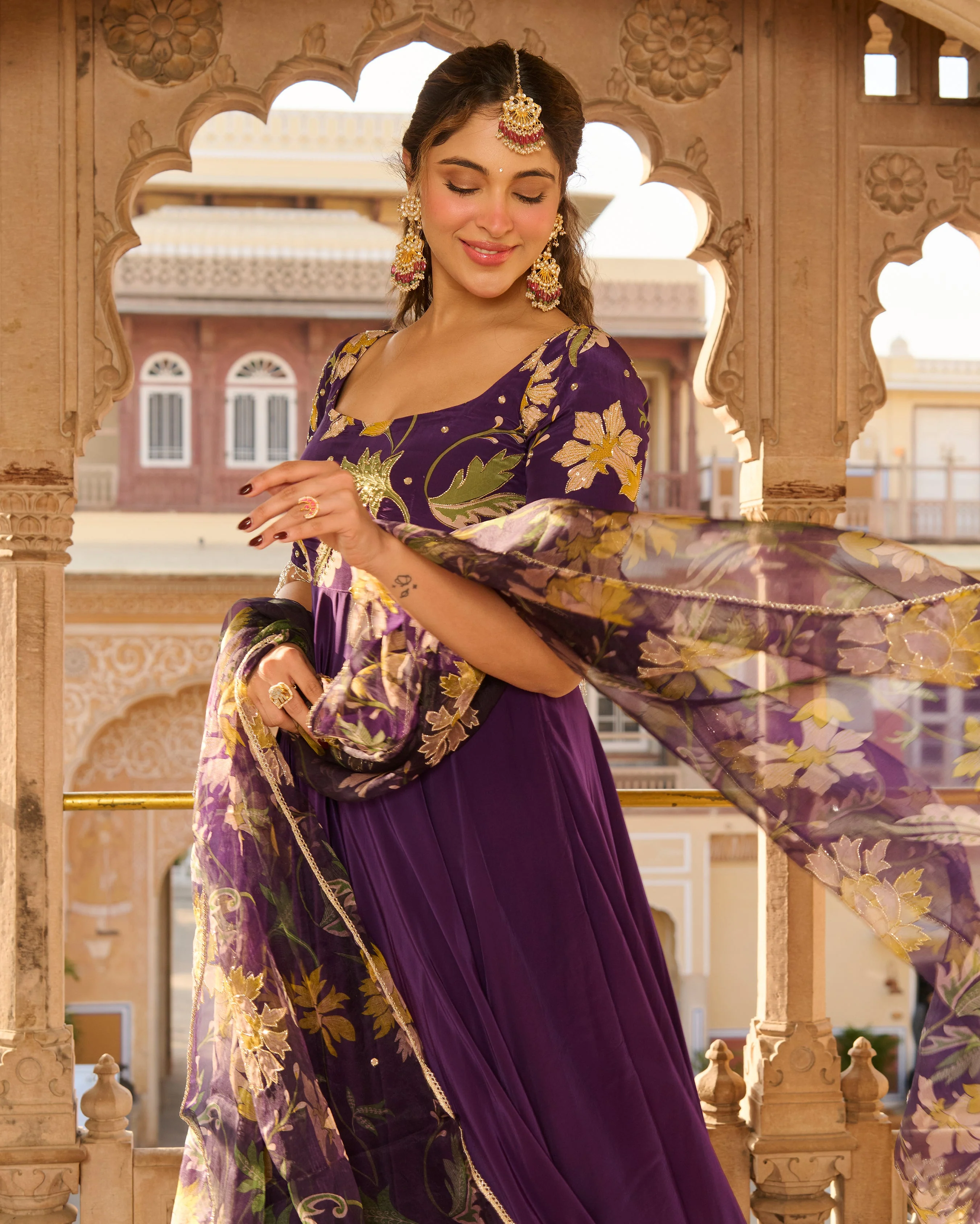 Anjula Purple Printed Crepe Suit Set - Image 6