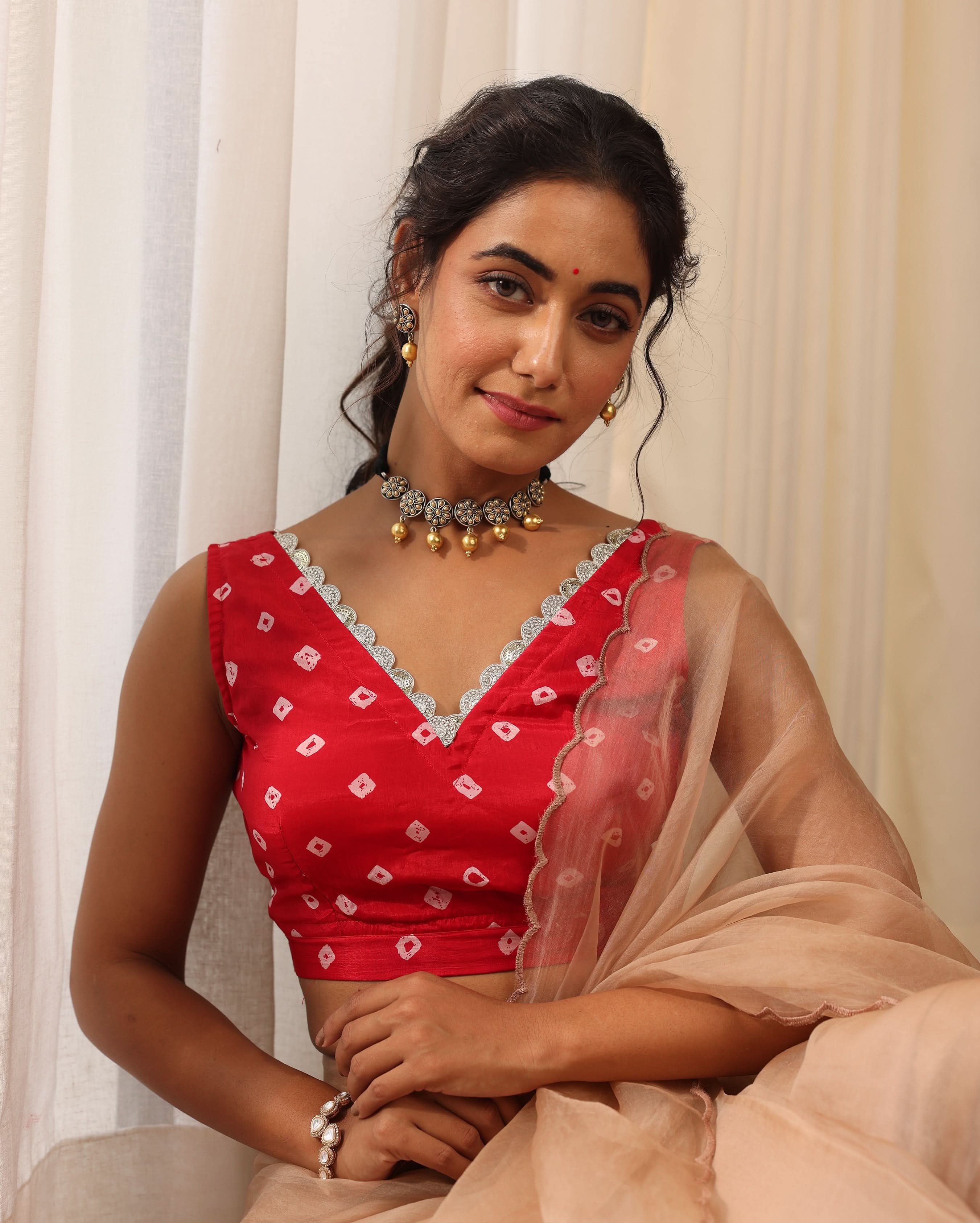 Anvika Red Printed Silk Blouse - Image 2