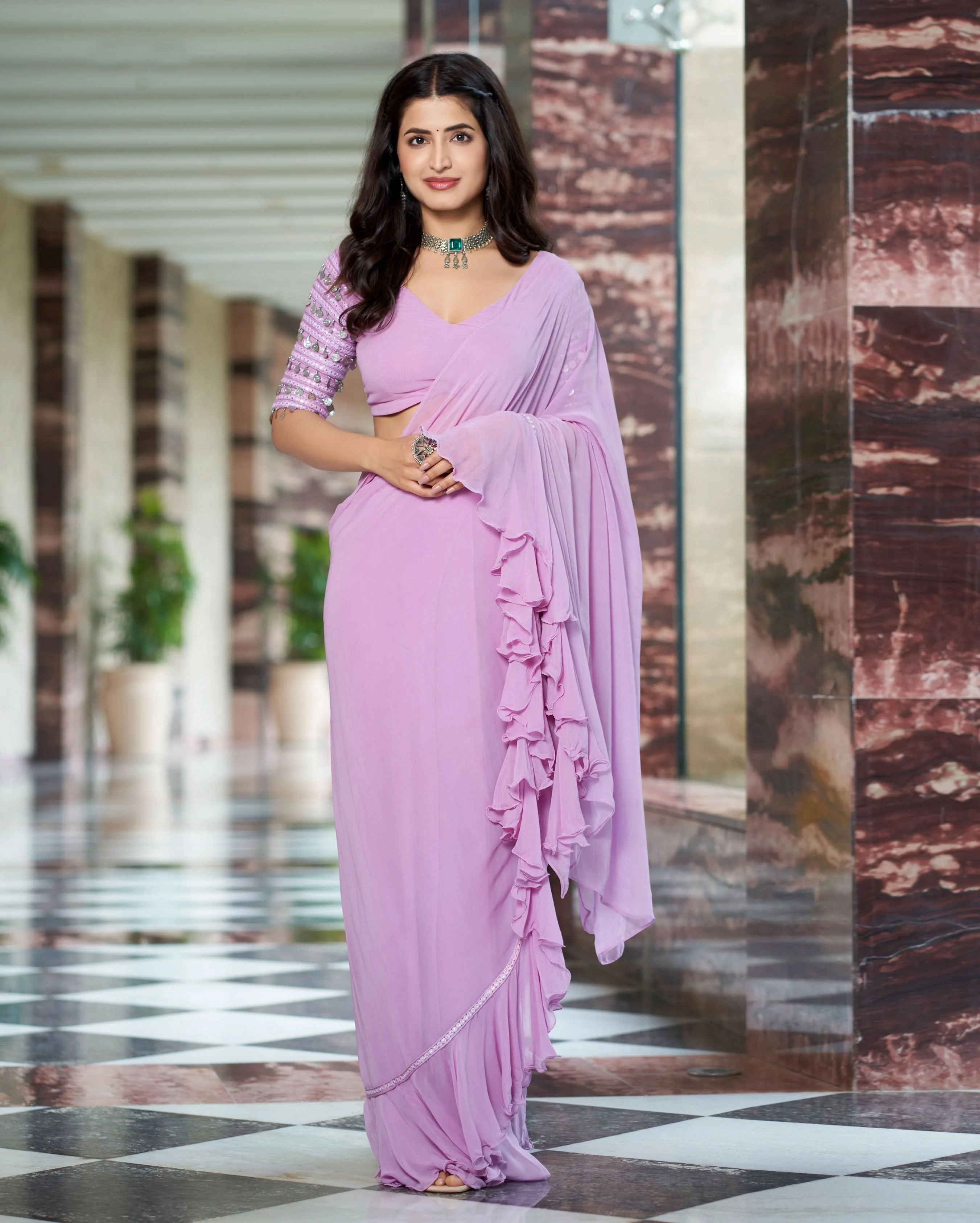 Anvita Lavender Solid Georgette Pre Draped Saree - Image 2