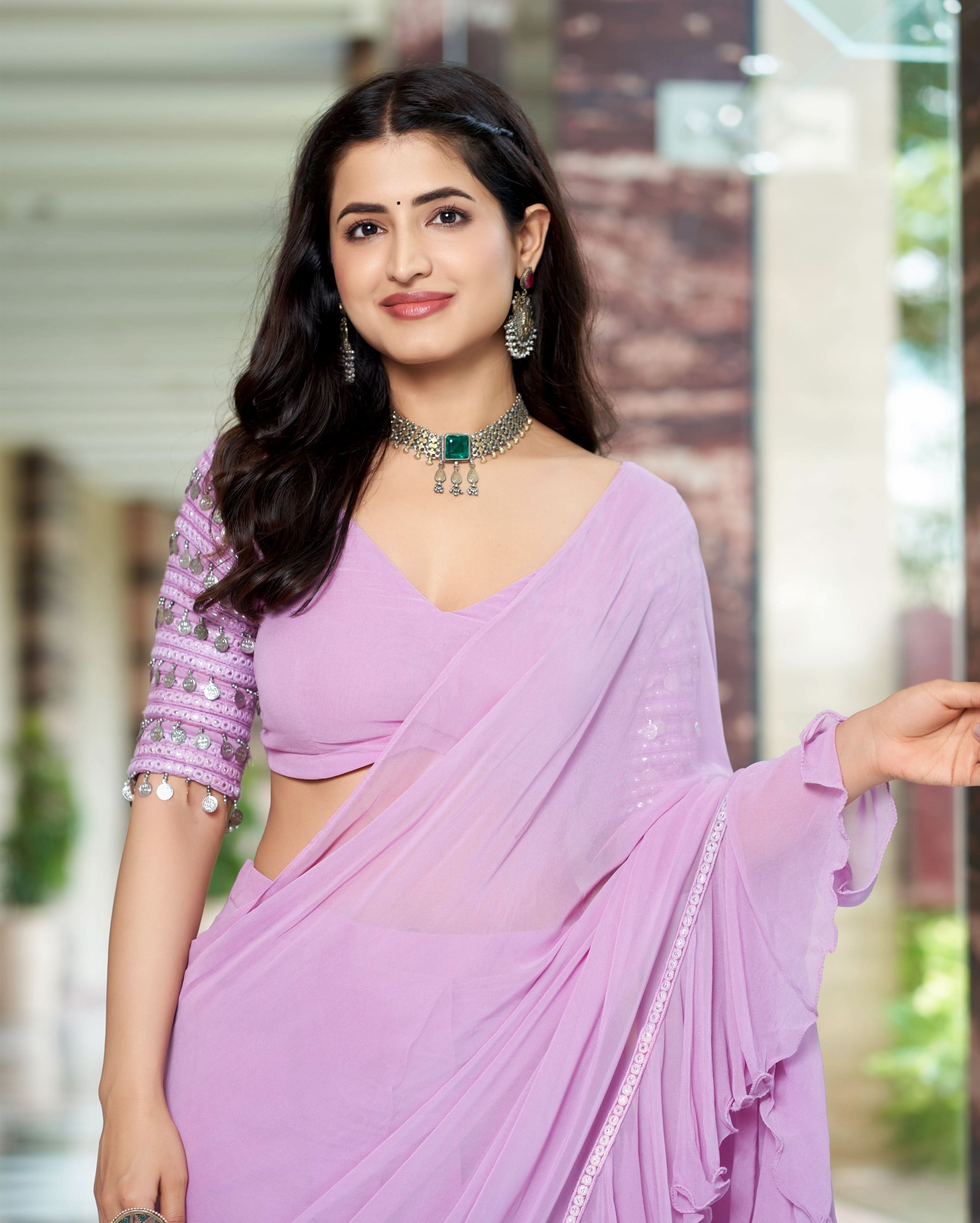 Anvita Lavender Solid Georgette Pre Draped Saree - Image 4