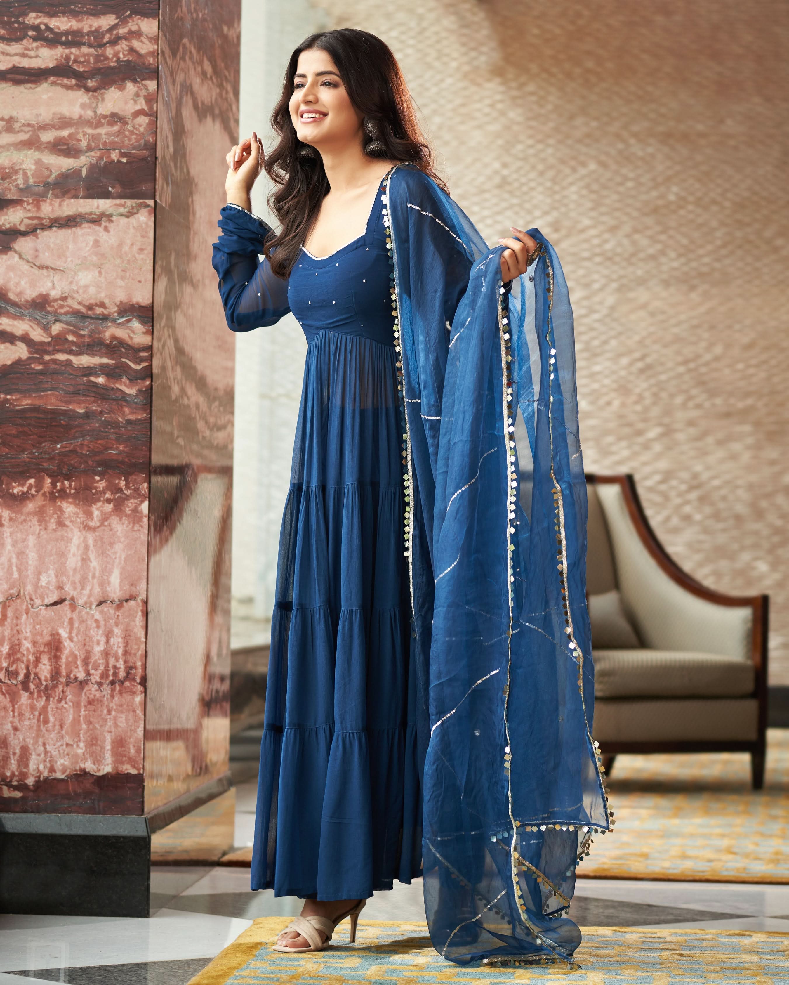 Aradhna Blue Embroidered Georgette Suit Set - Image 2