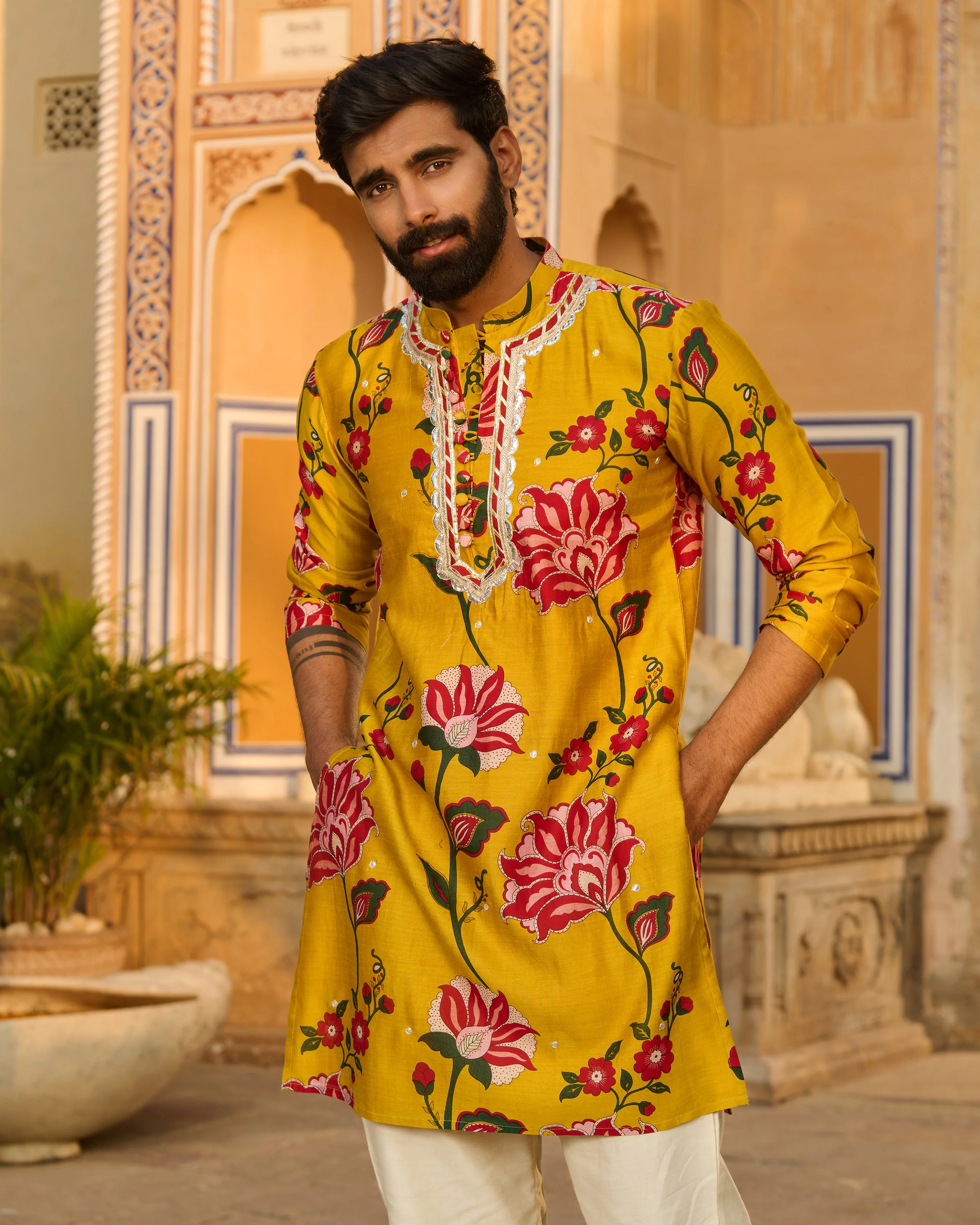 Arjun Mustard Printed Chanderi Kurta - Image 5