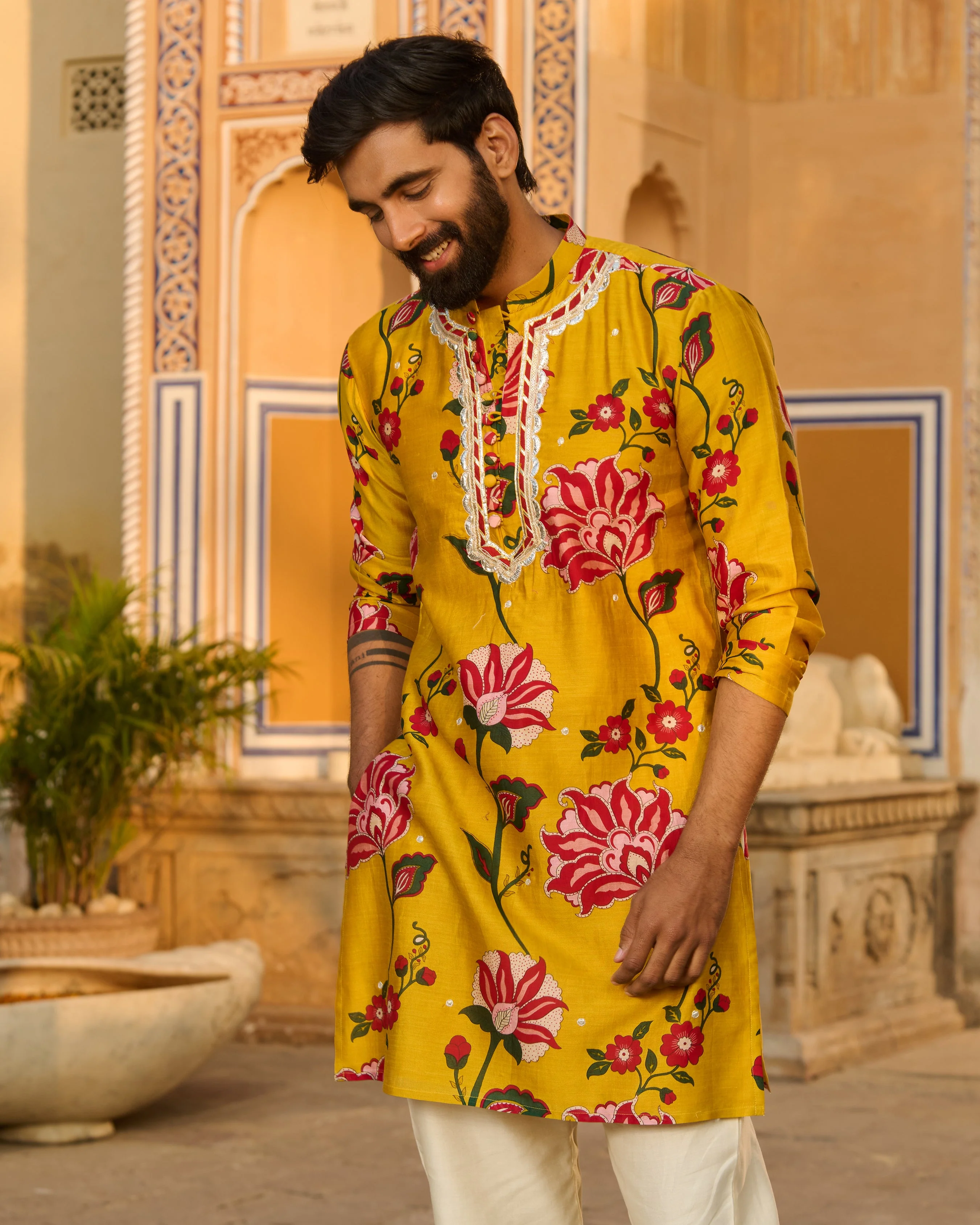 Arjun Mustard Printed Chanderi Kurta - Image 6