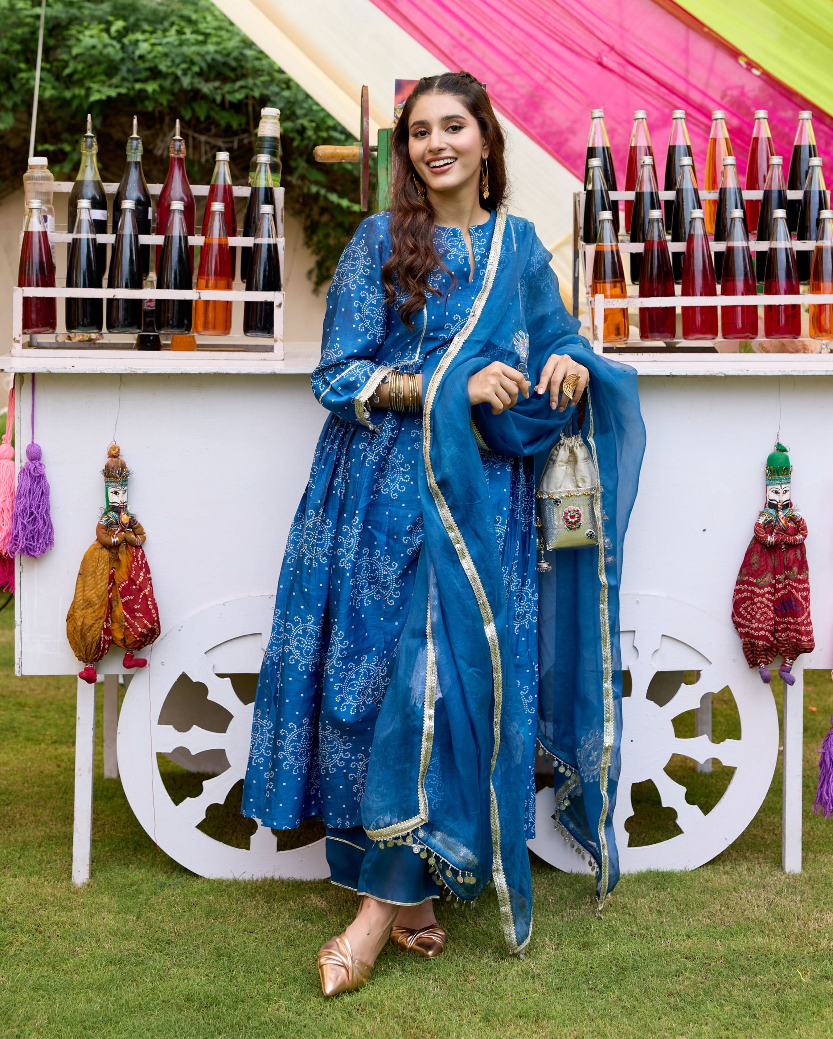 Arogya Blue Bandhani Chanderi Suit Set - Image 2