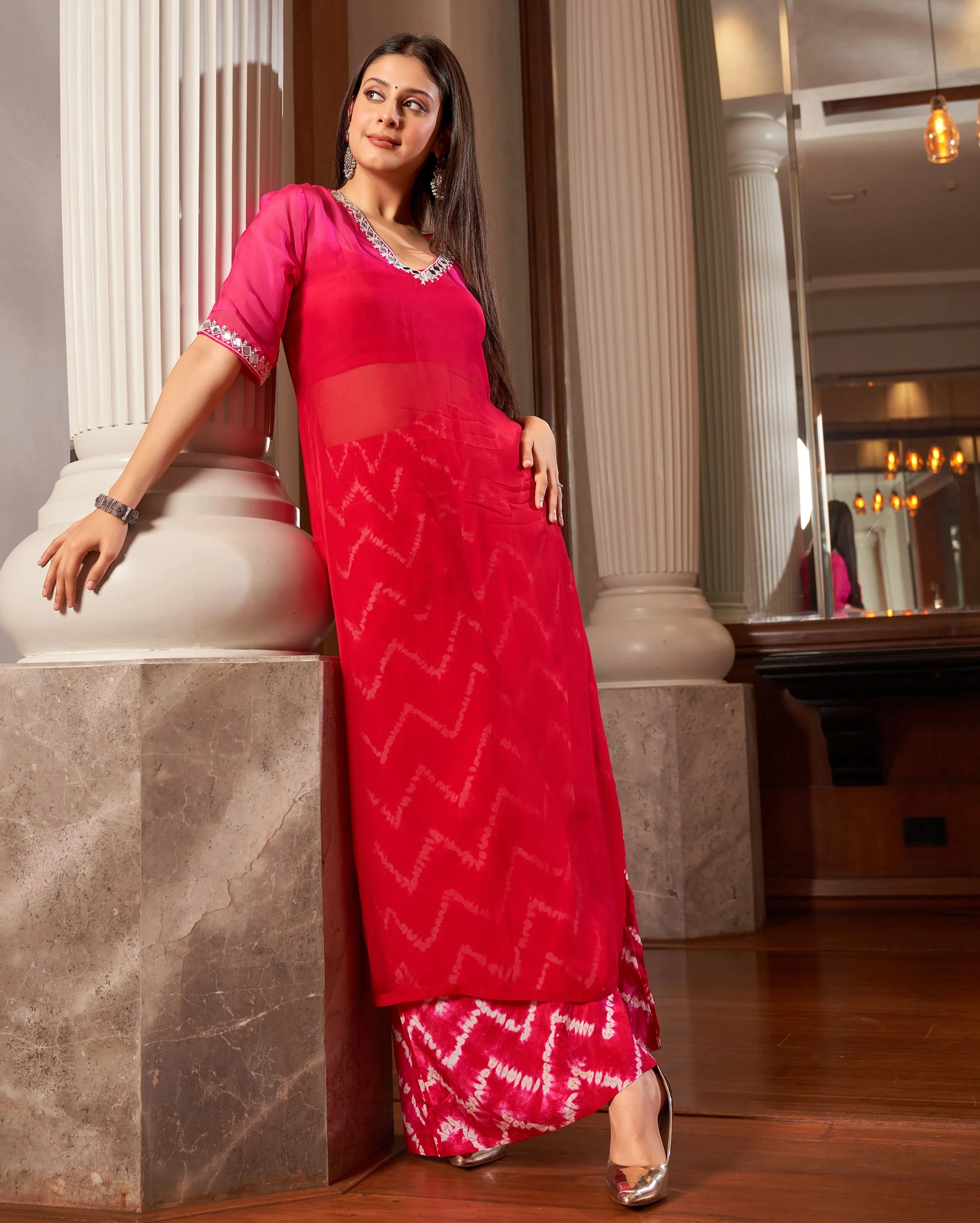 Arya Red Pink Ombre Leheriya Organza Kurta Set - Image 4