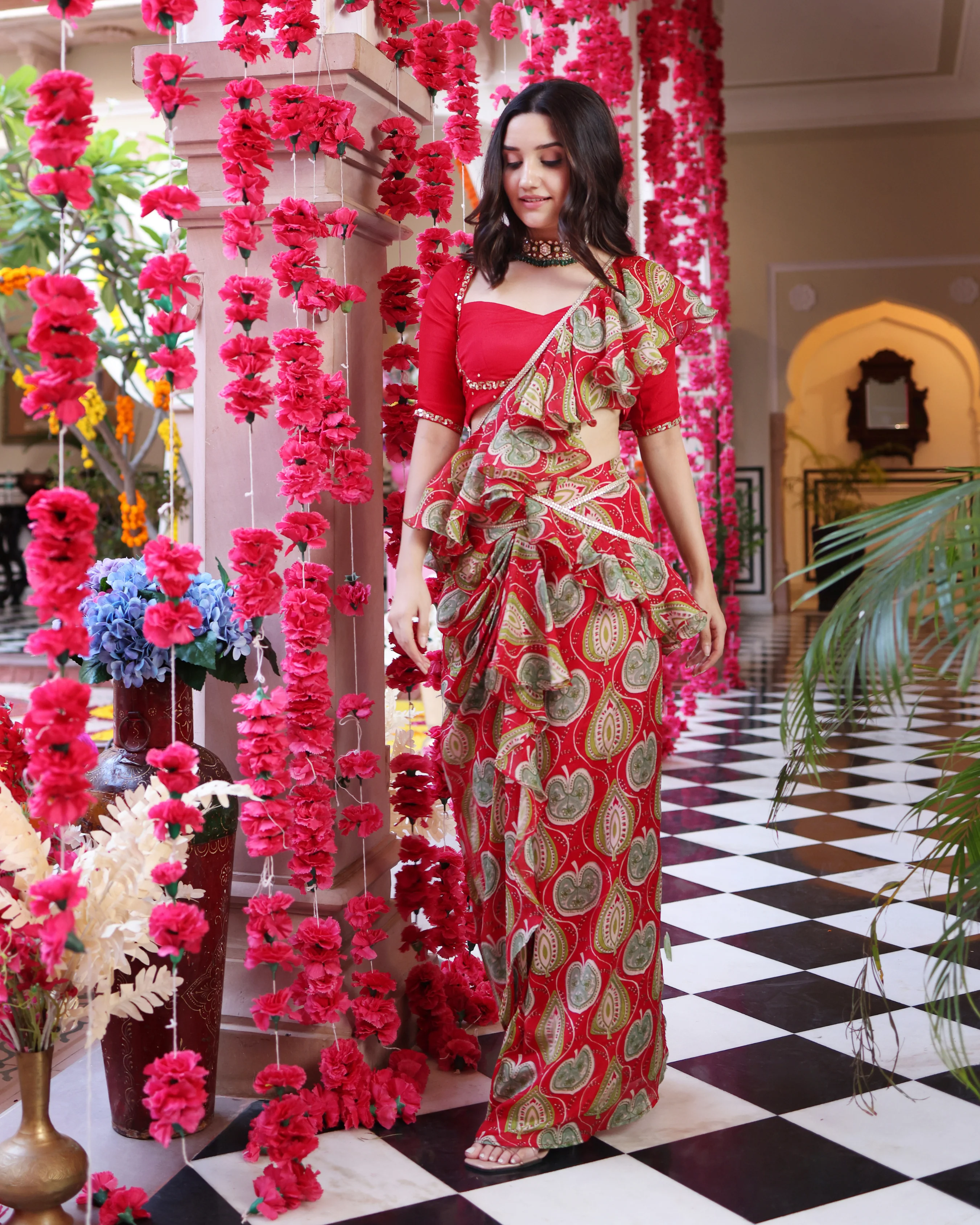 Ashen Red Bloom Printed Chinon Pre Draped Saree - Image 6