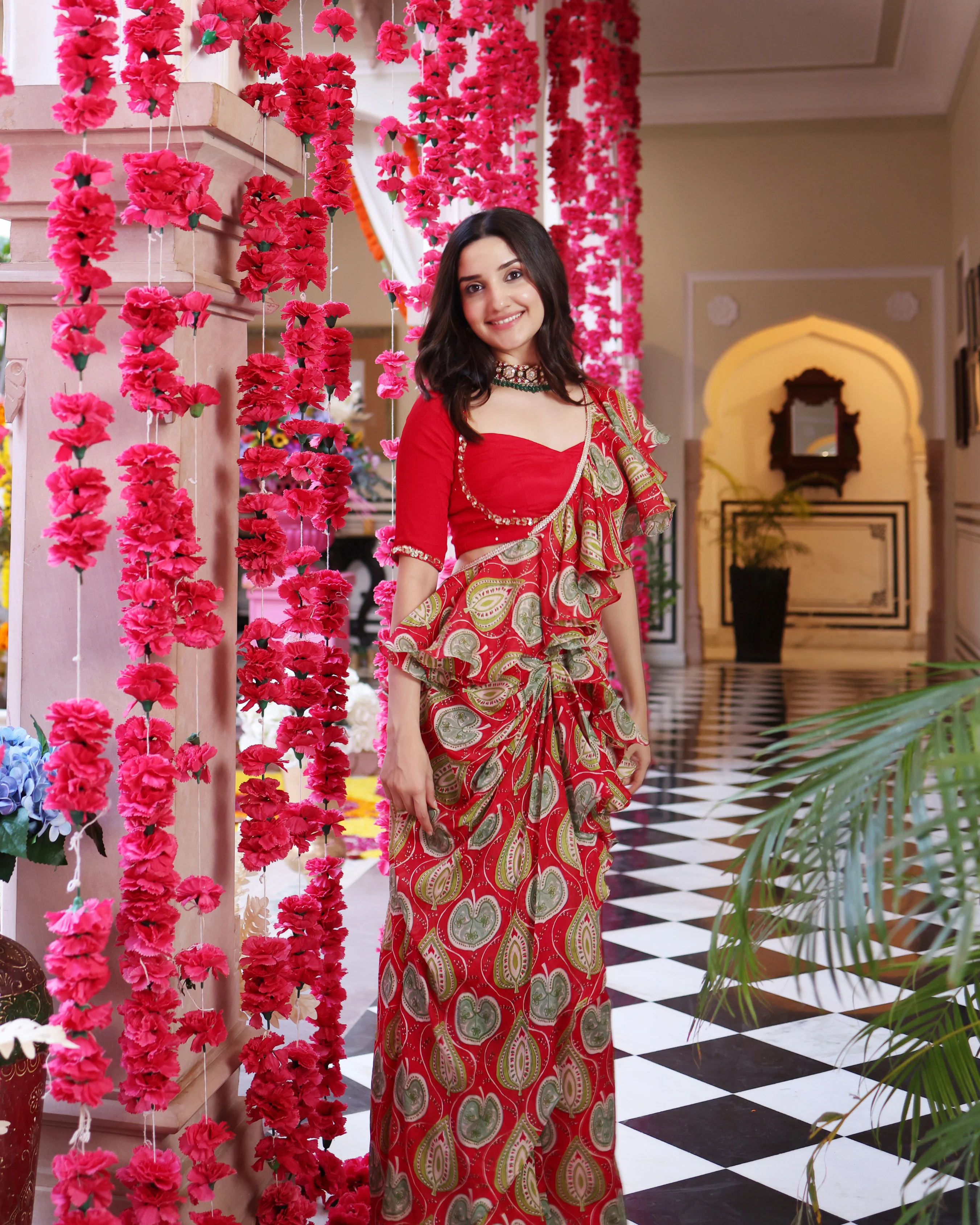 Ashen Red Bloom Printed Chinon Pre Draped Saree - Image 7