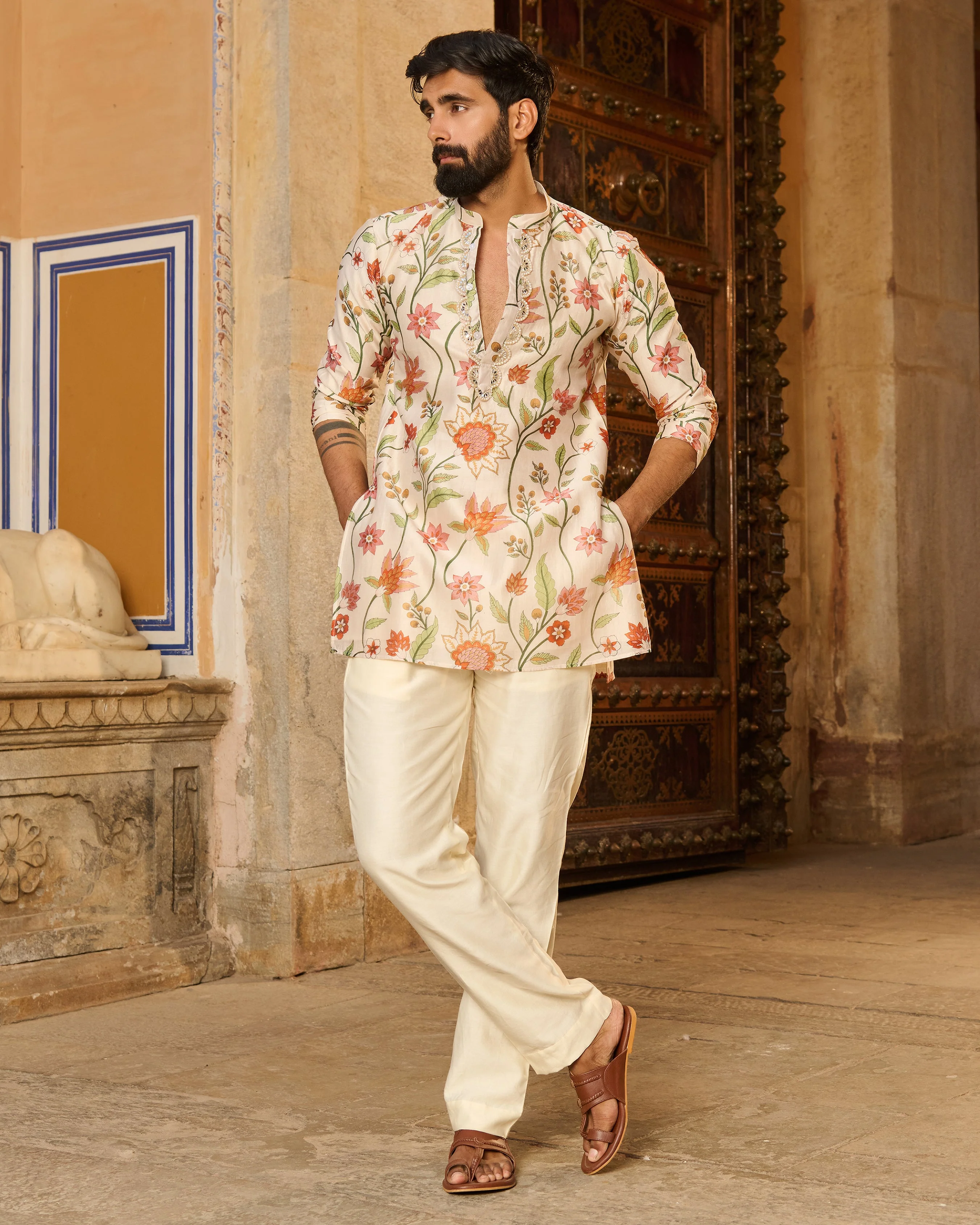 Atharv Ivory Printed Chanderi Kurta - Image 4