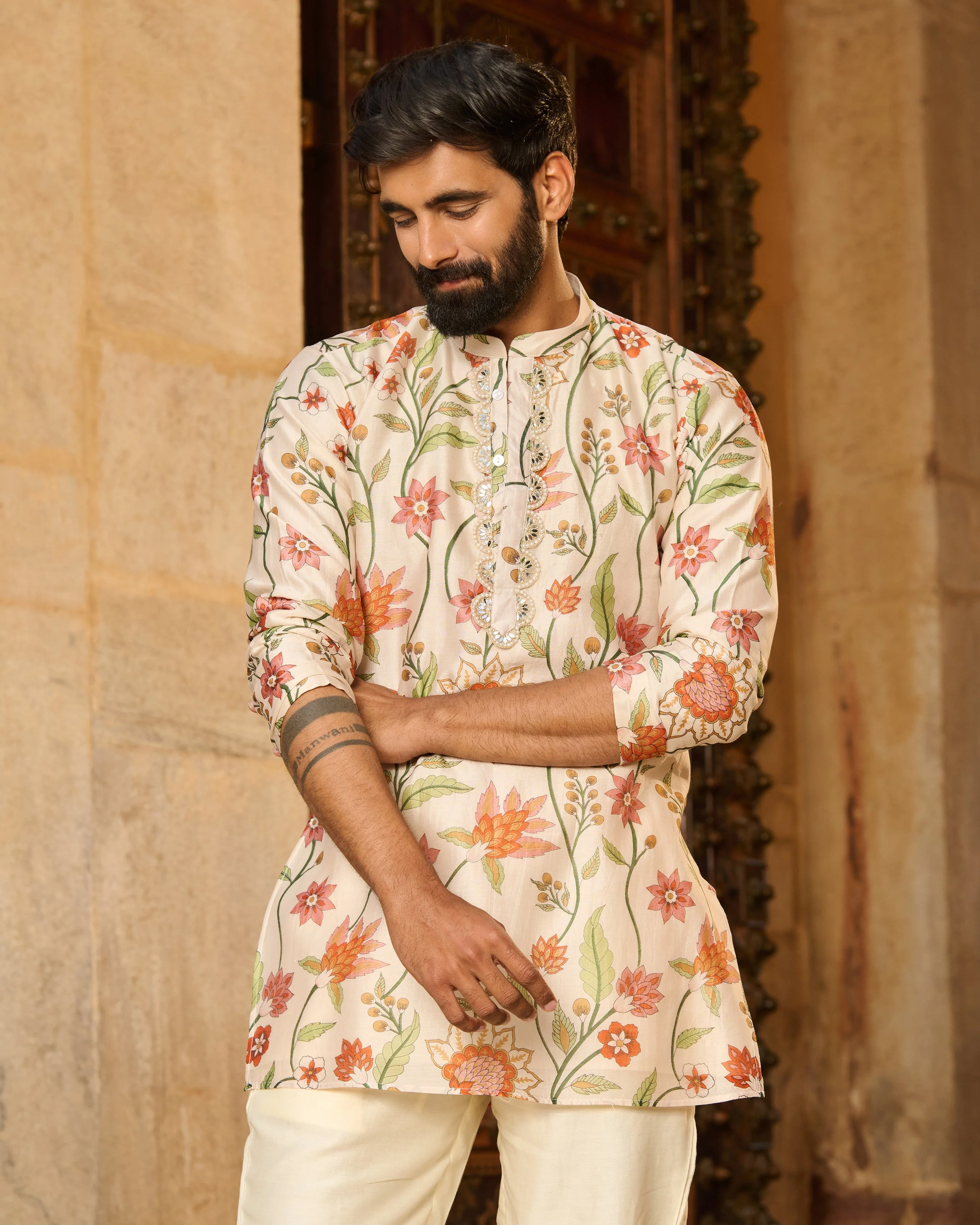 Atharv Ivory Printed Chanderi Kurta - Image 6