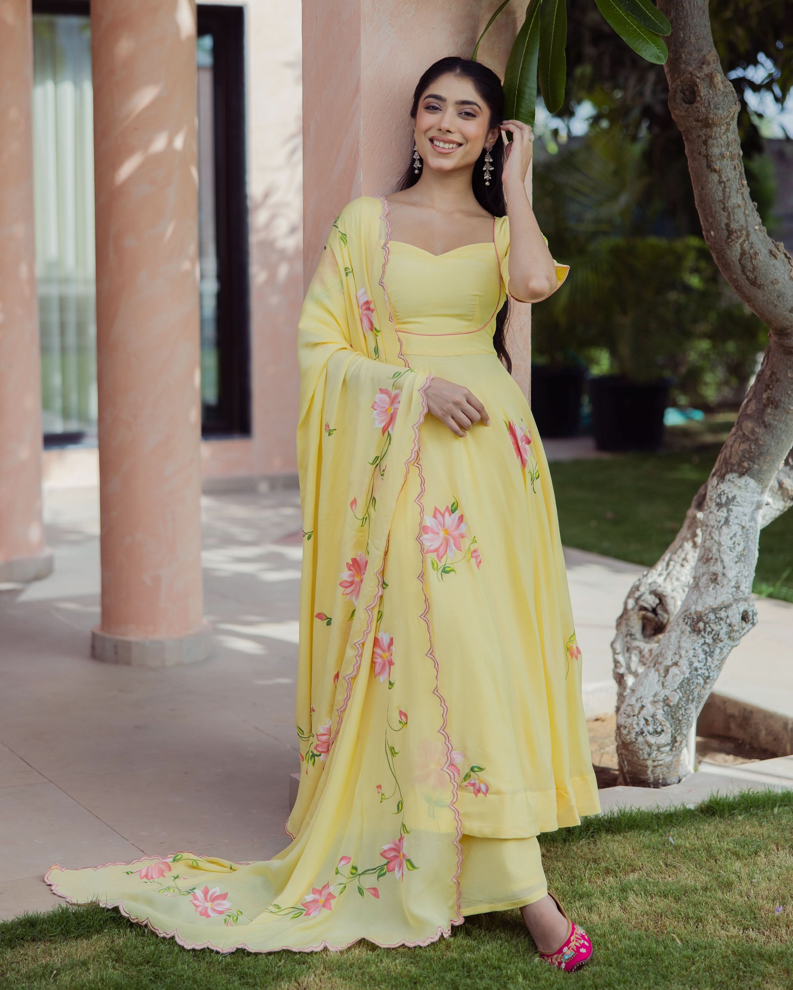 Aura Yellow Handpainted Chinon Suit Set - Image 2