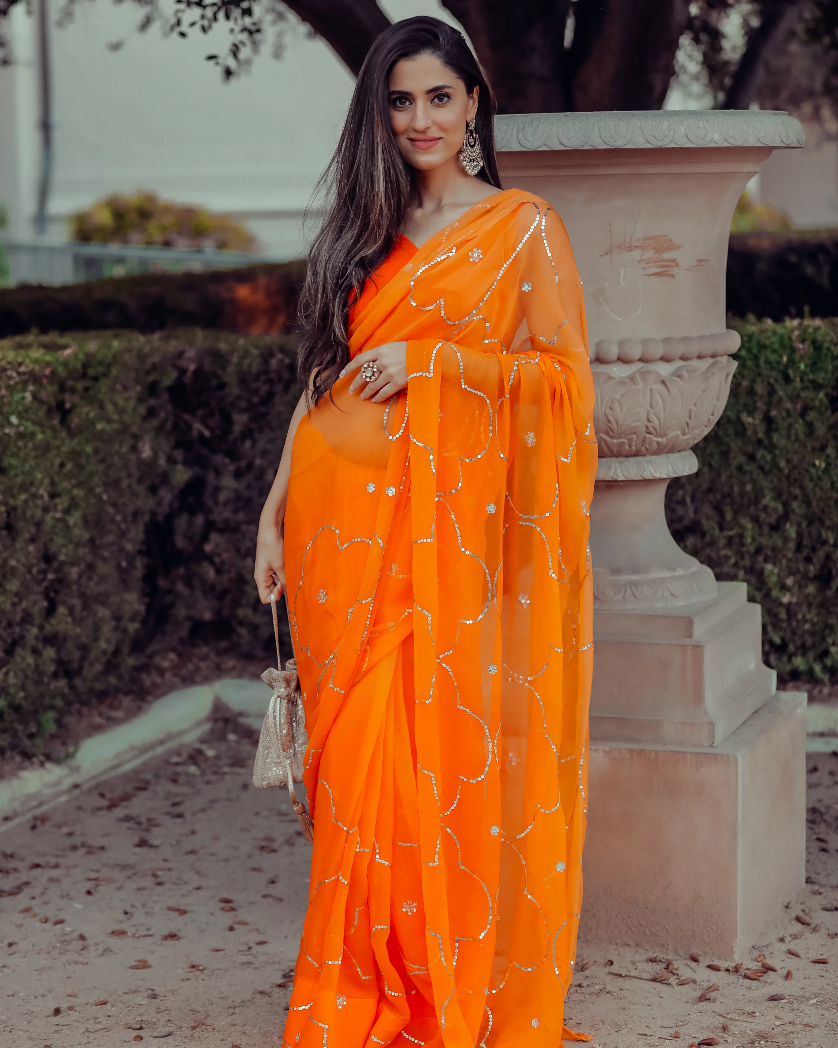 Autum Glory Sequin Jaal Pure Chiffon Saree - Image 5