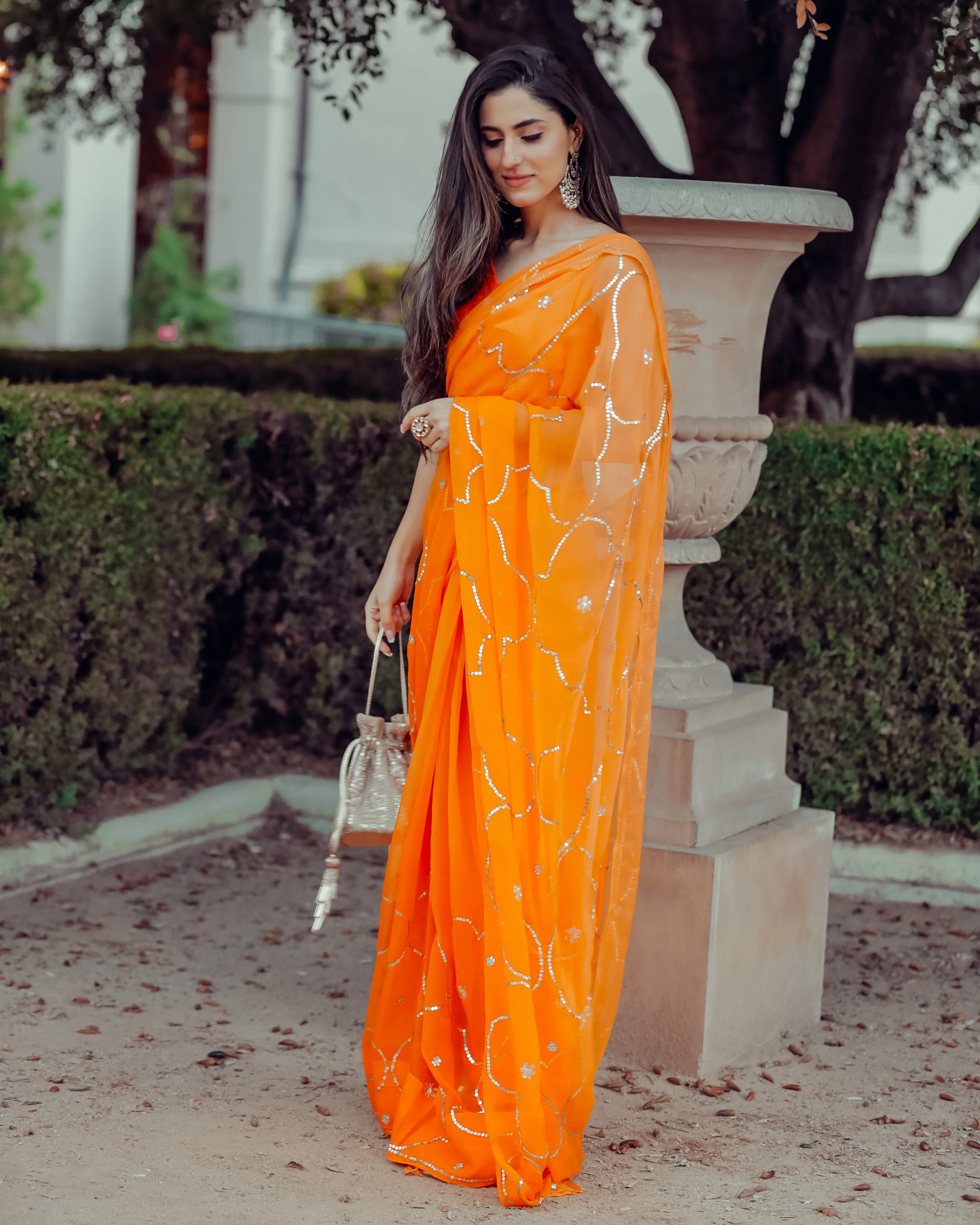 Autum Glory Sequin Jaal Pure Chiffon Saree - Image 6