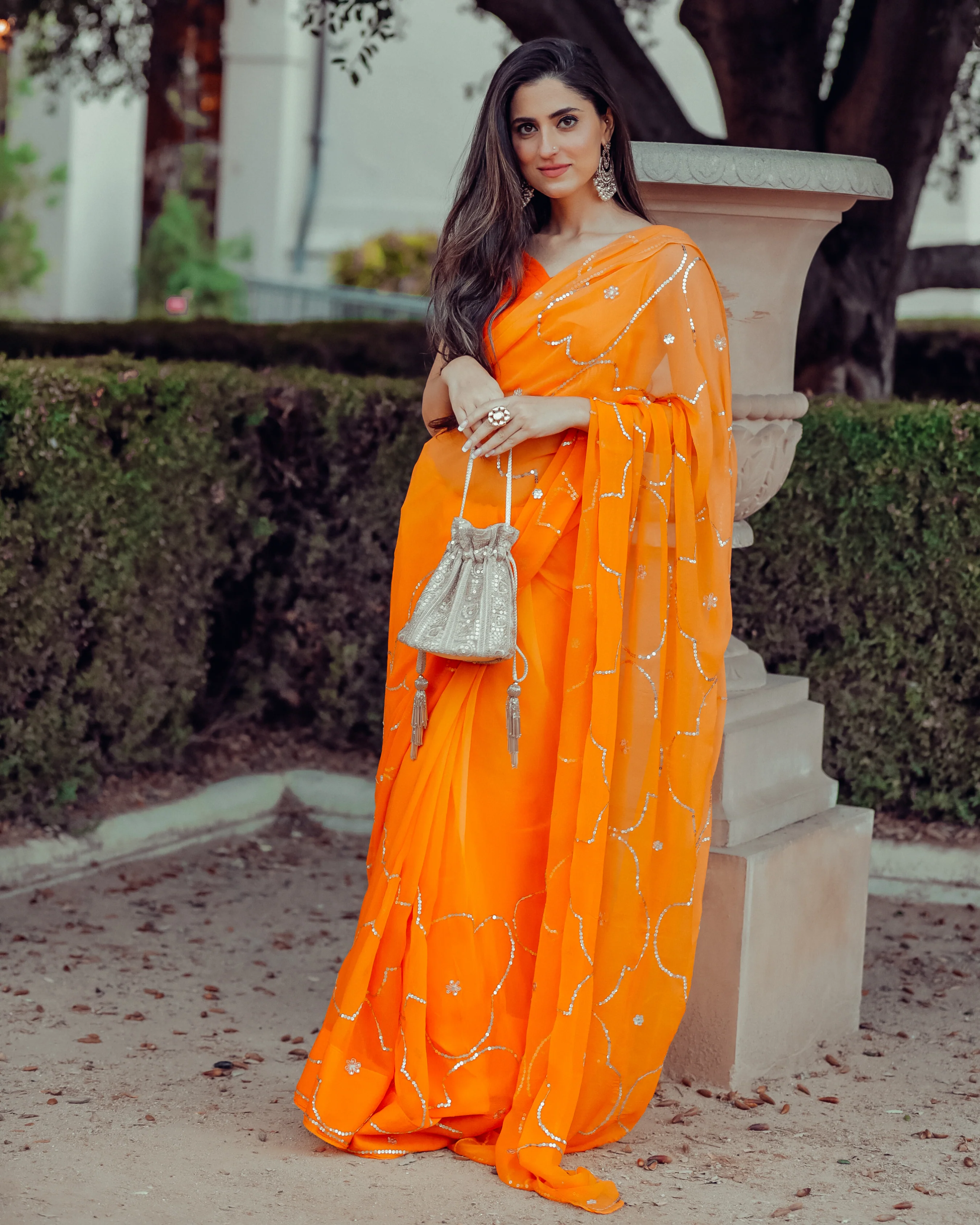 Autum Glory Sequin Jaal Pure Chiffon Saree - Image 8