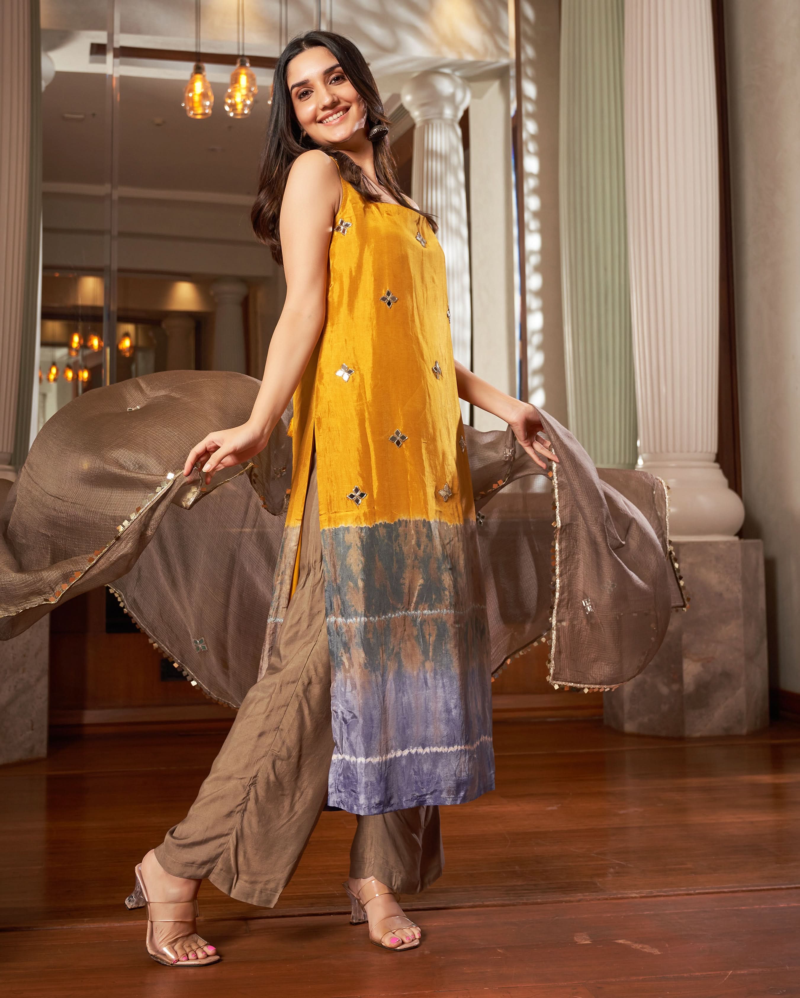 Avni Yellow Grey Tie-Dye Chanderi Suit Set - Image 3