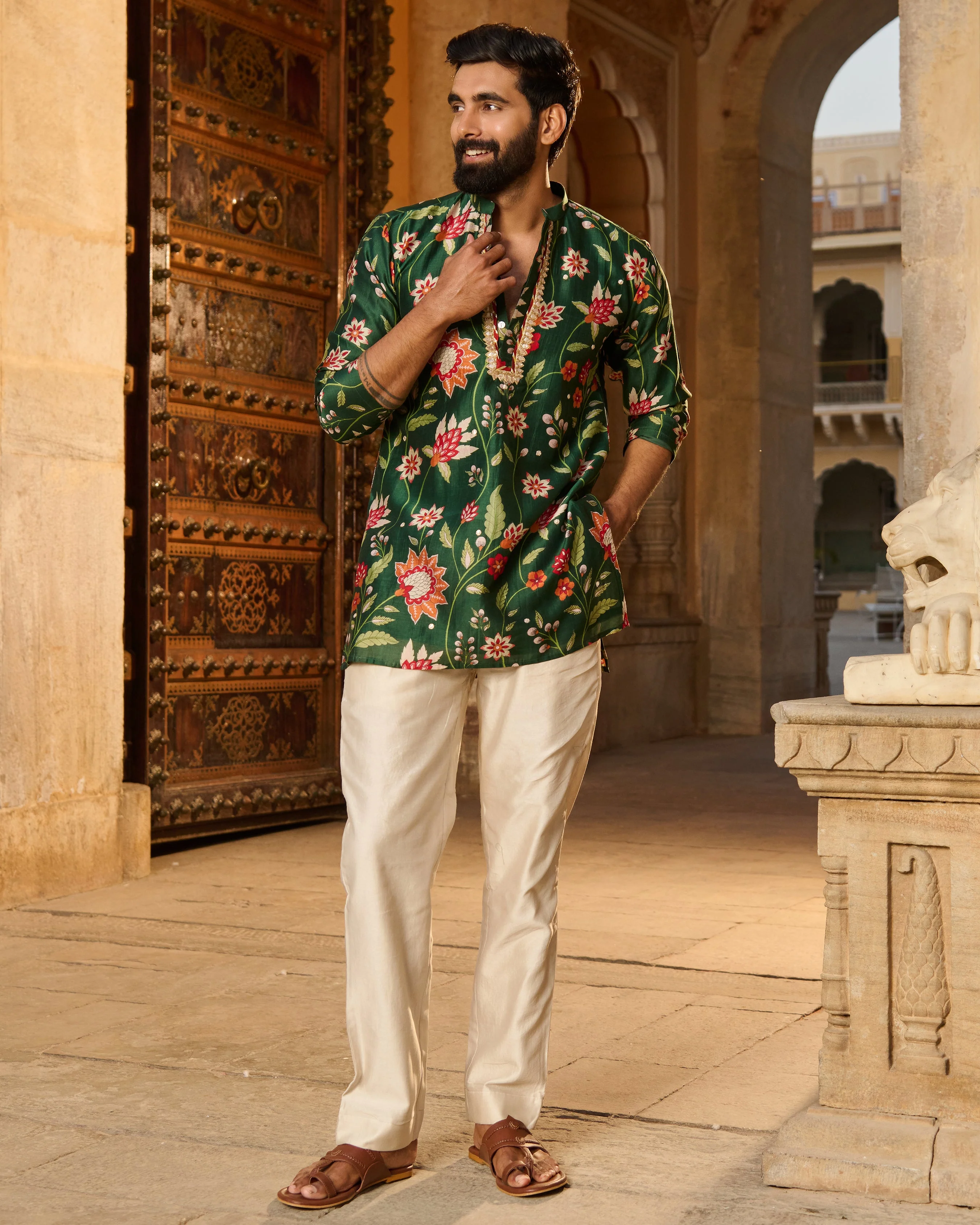 Ayaan Green Printed Chanderi Kurta - Image 2