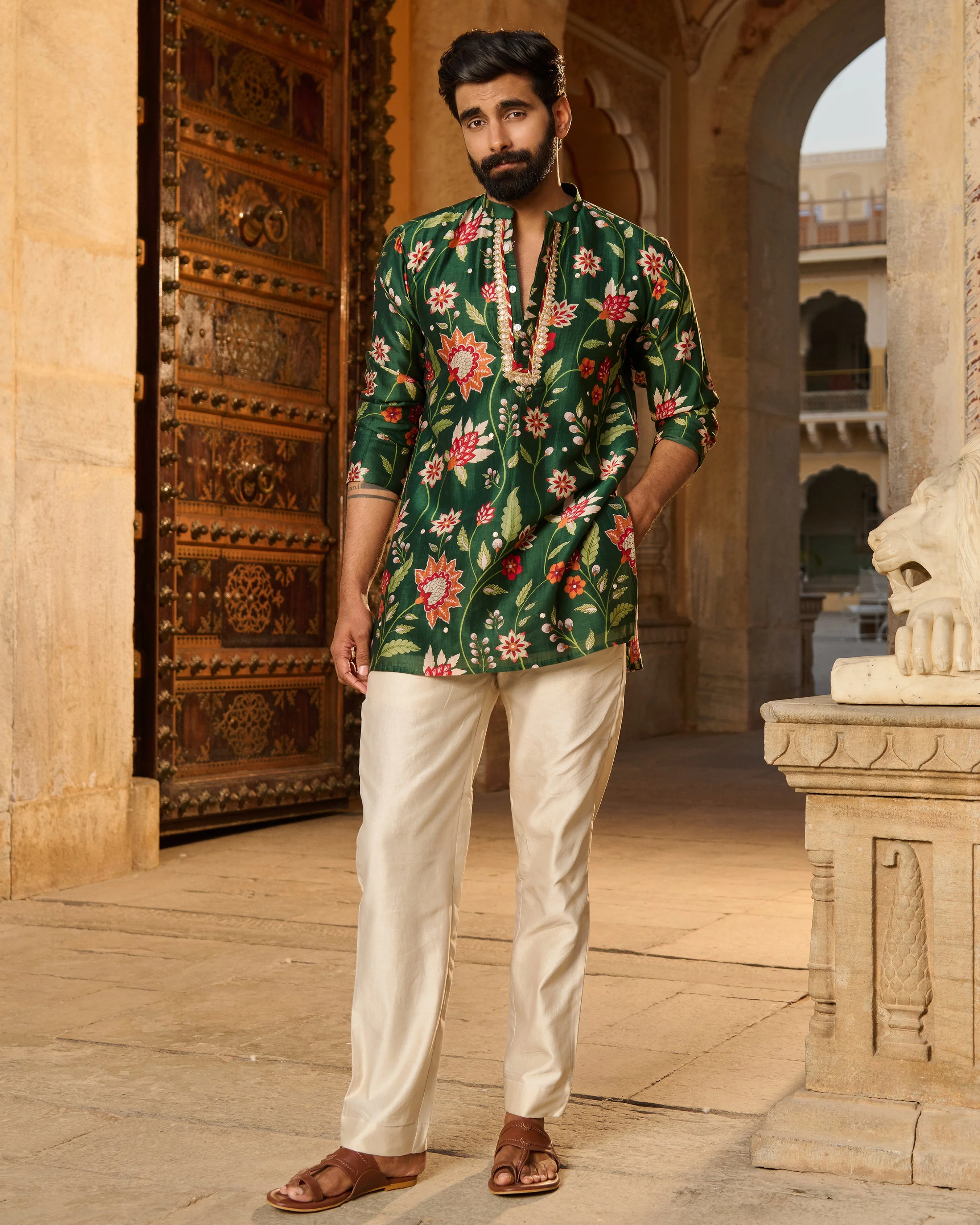 Ayaan Green Printed Chanderi Kurta - Image 3