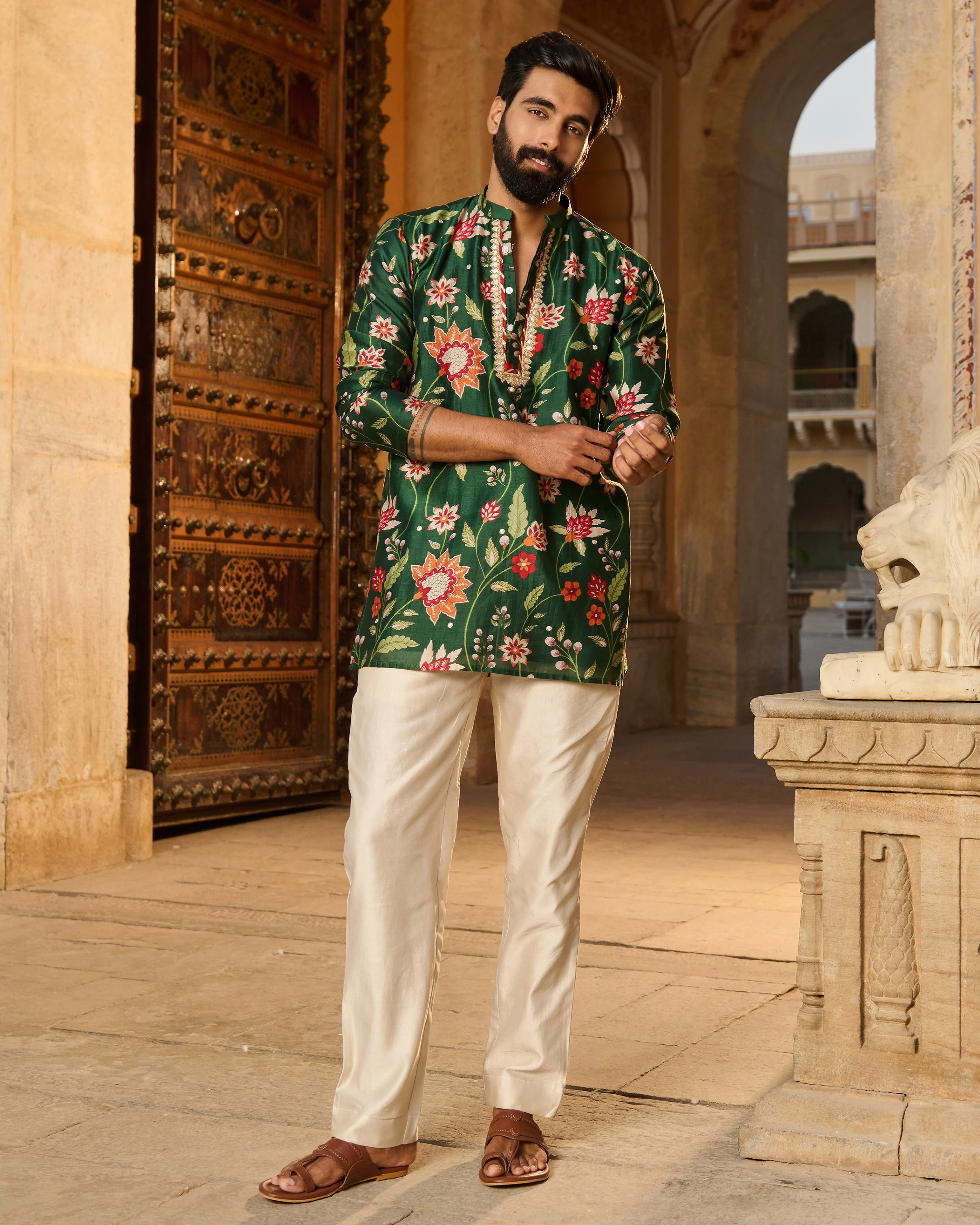 Ayaan Green Printed Chanderi Kurta - Image 4