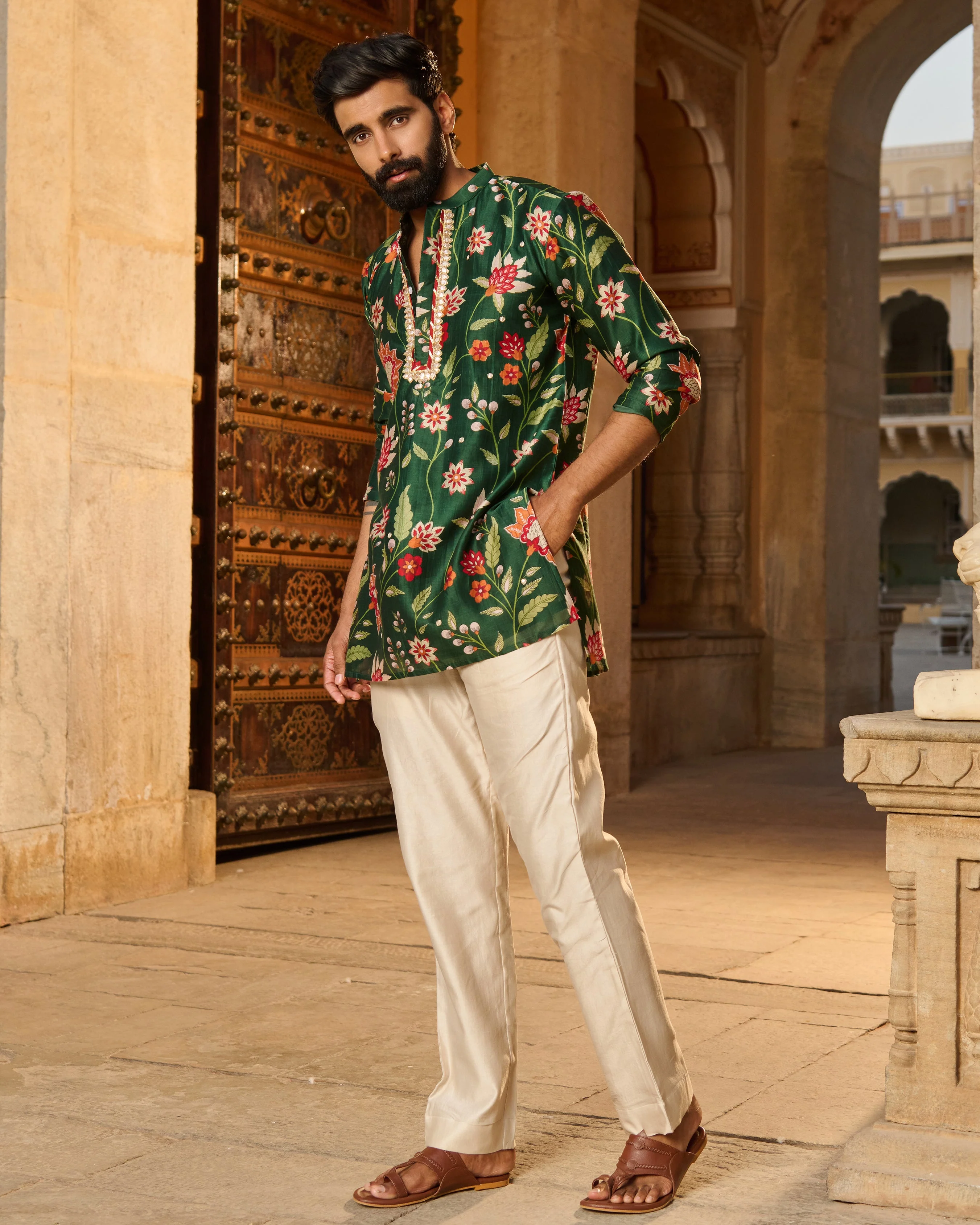 Ayaan Green Printed Chanderi Kurta - Image 5