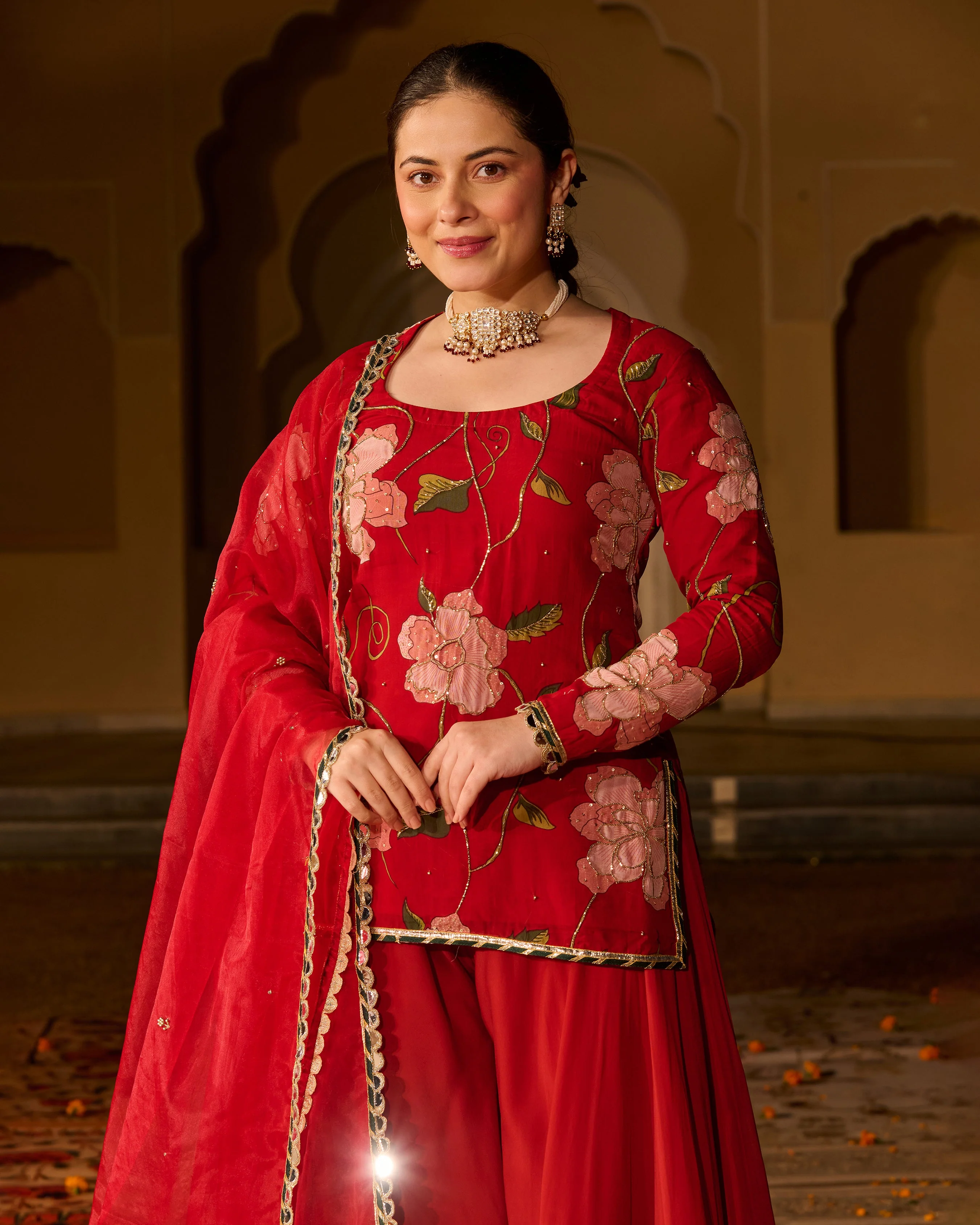 Azmat Maroon Printed Viscose Organza Suit Set - Image 3