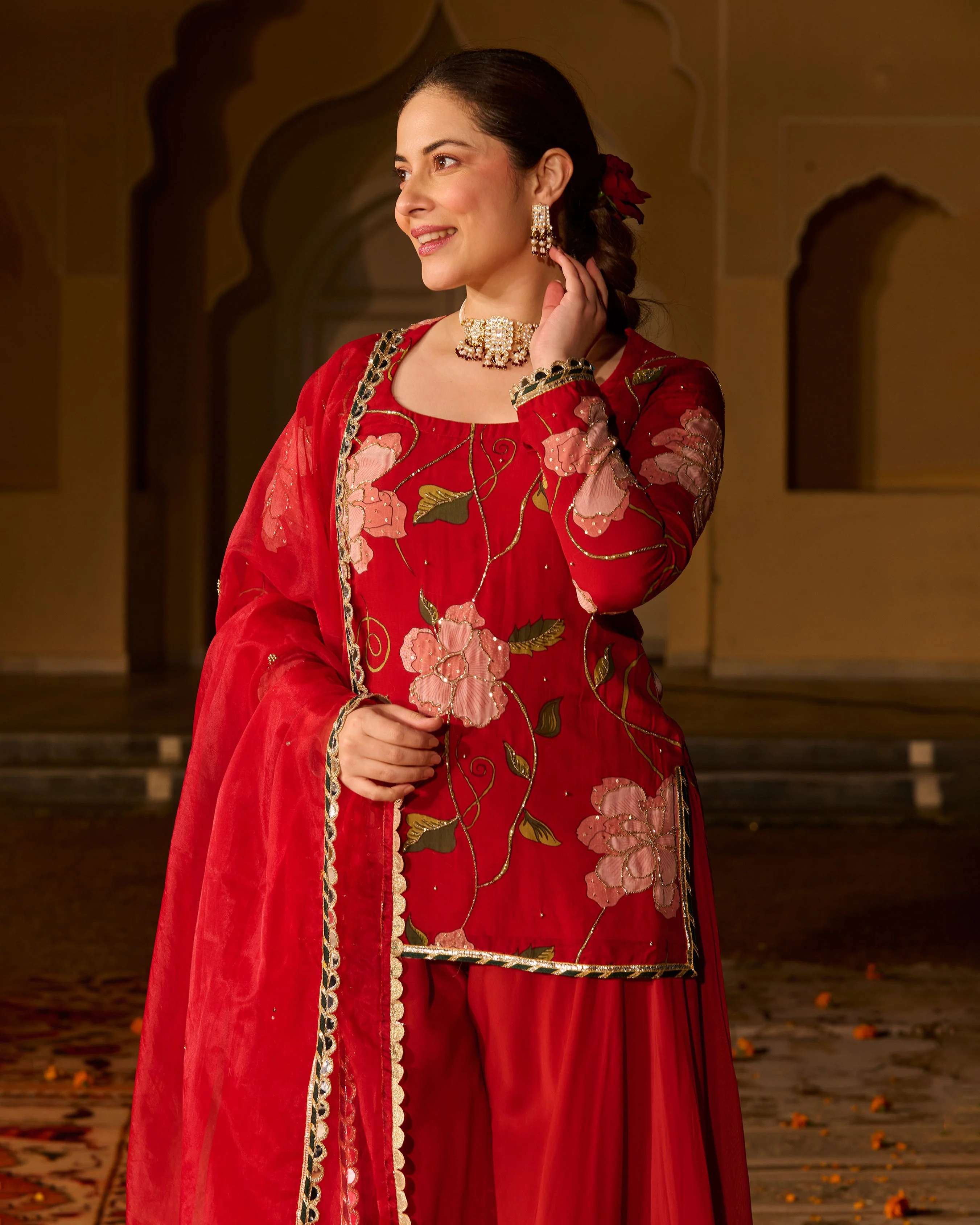 Azmat Maroon Printed Viscose Organza Suit Set - Image 4
