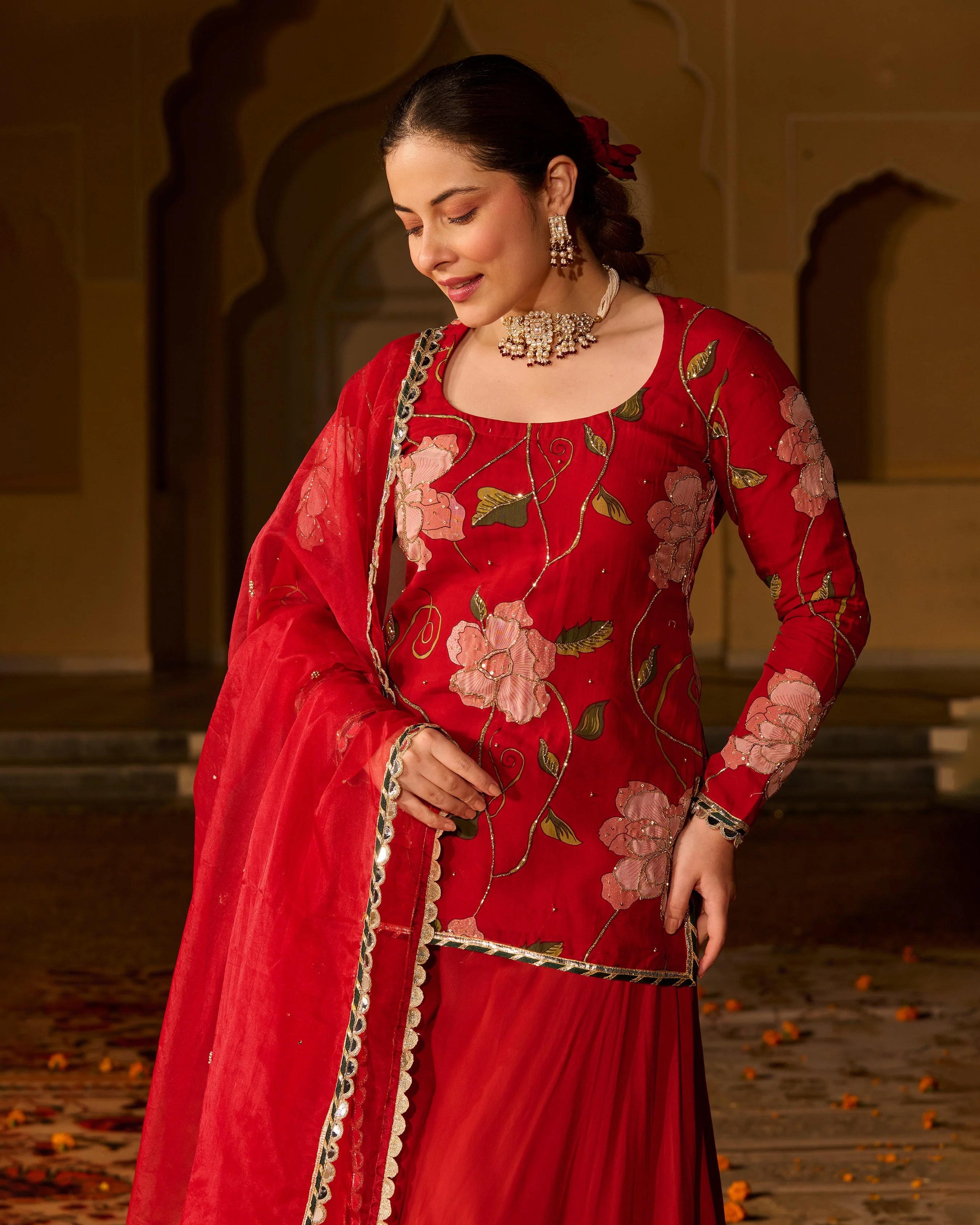 Azmat Maroon Printed Viscose Organza Suit Set - Image 5