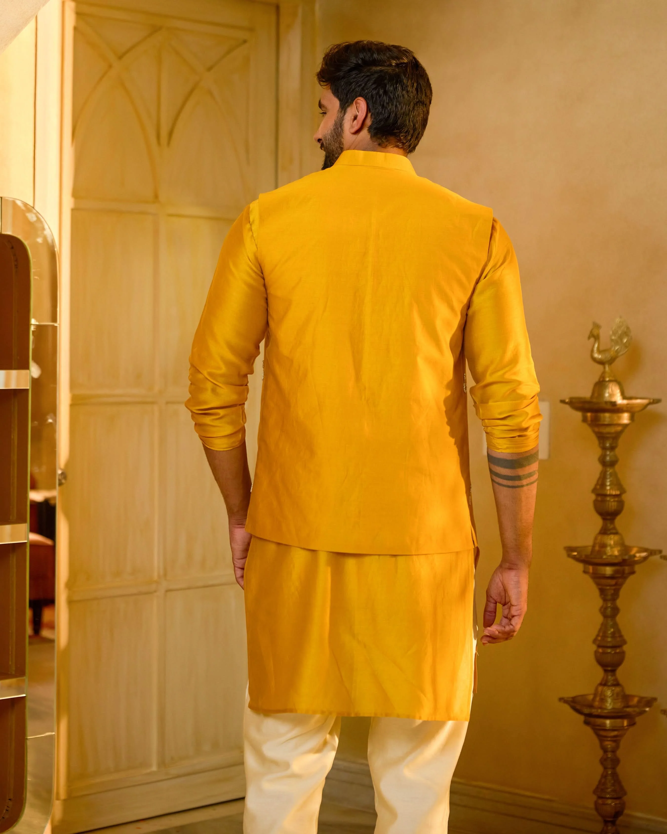 Balraj Yellow Embroidered Chanderi Jacket And Kurta Set - Image 7