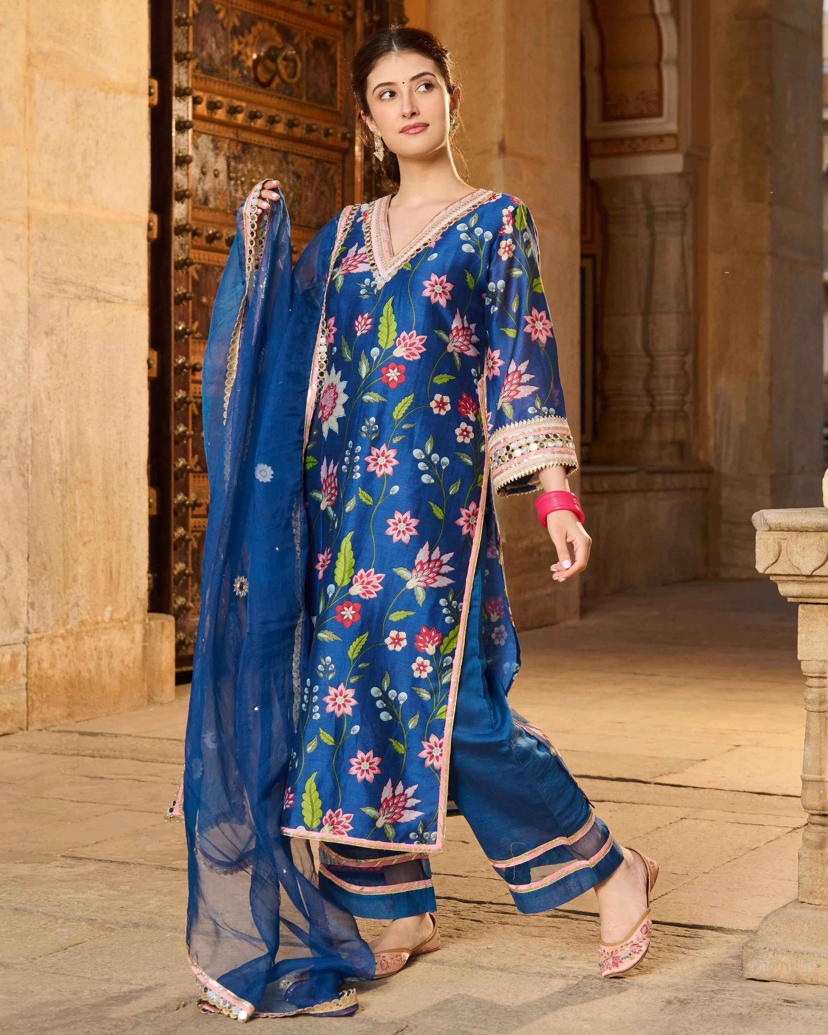 Beat Blue Printed Chanderi Suit Set - Image 5