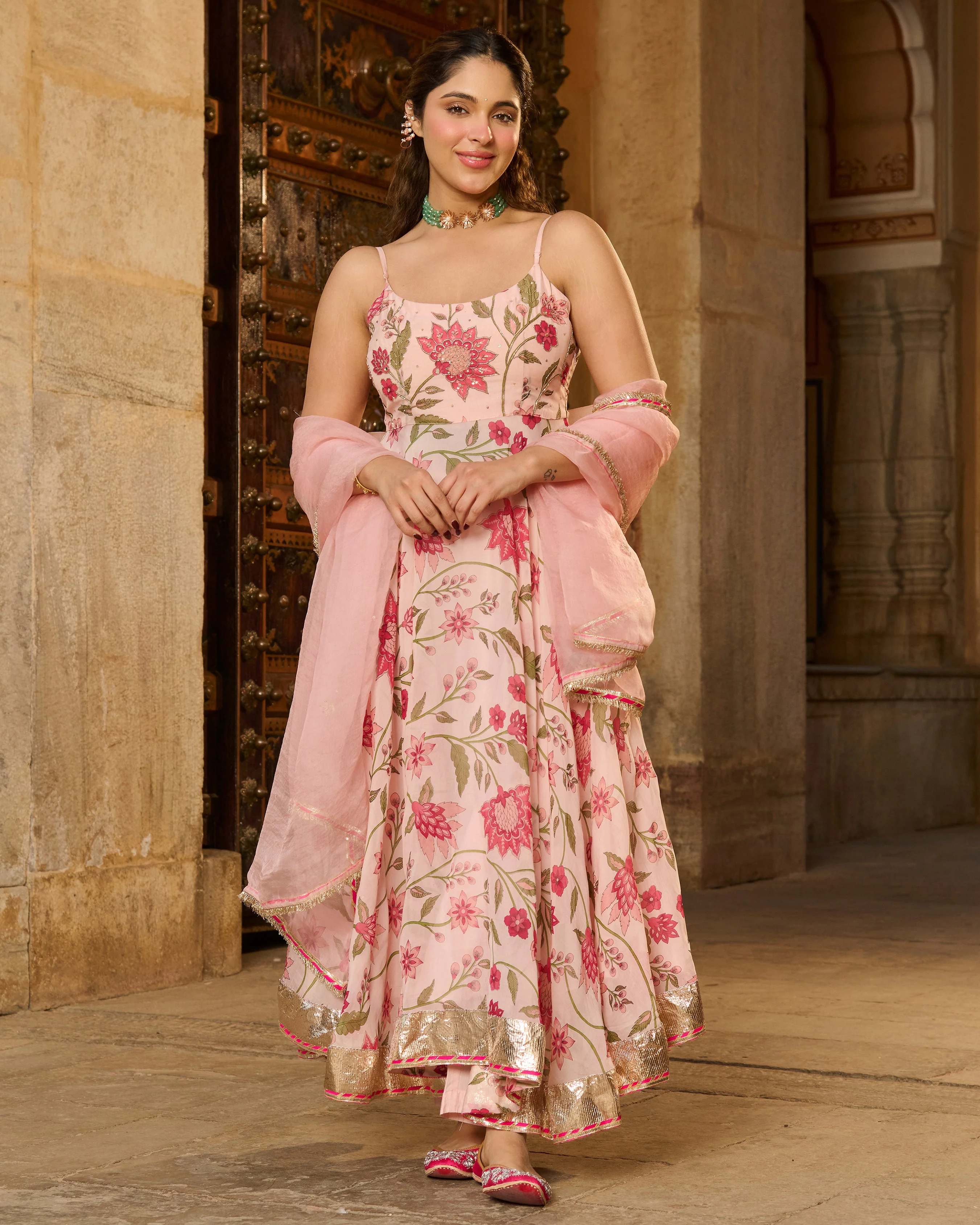 Belle Baby Pink Printed Viscose Organza Suit Set - Image 2