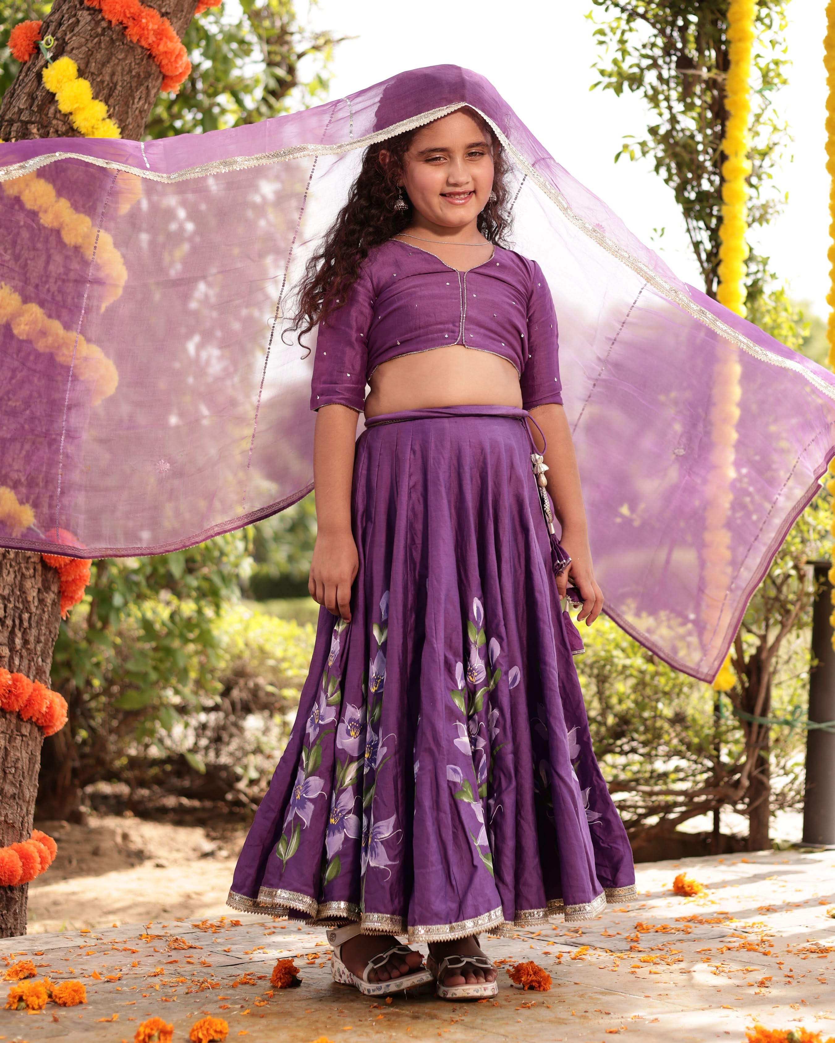 Berry Purple Handpainted Chanderi Lehenga Set - Image 2