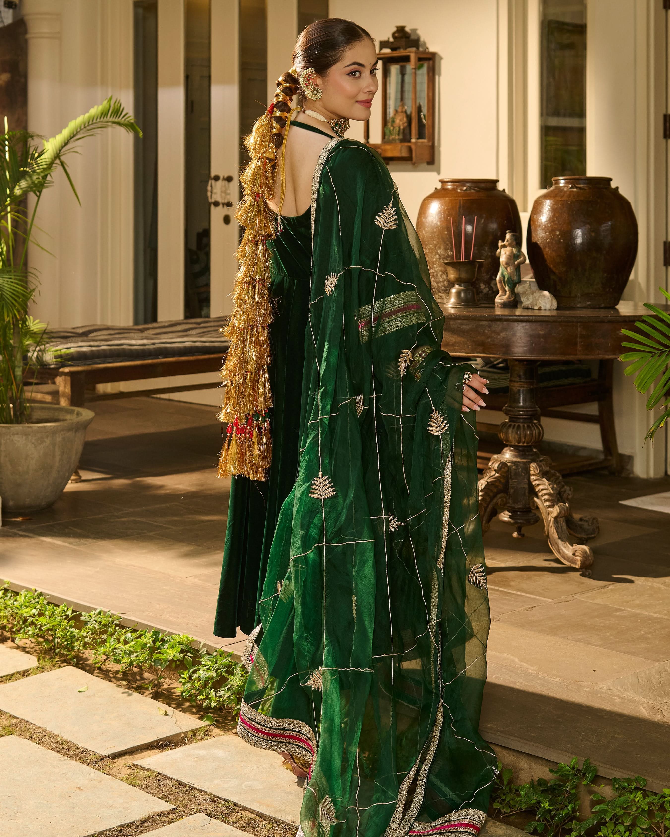 Bhavani Green Solid Velvet Suit Set - Image 7