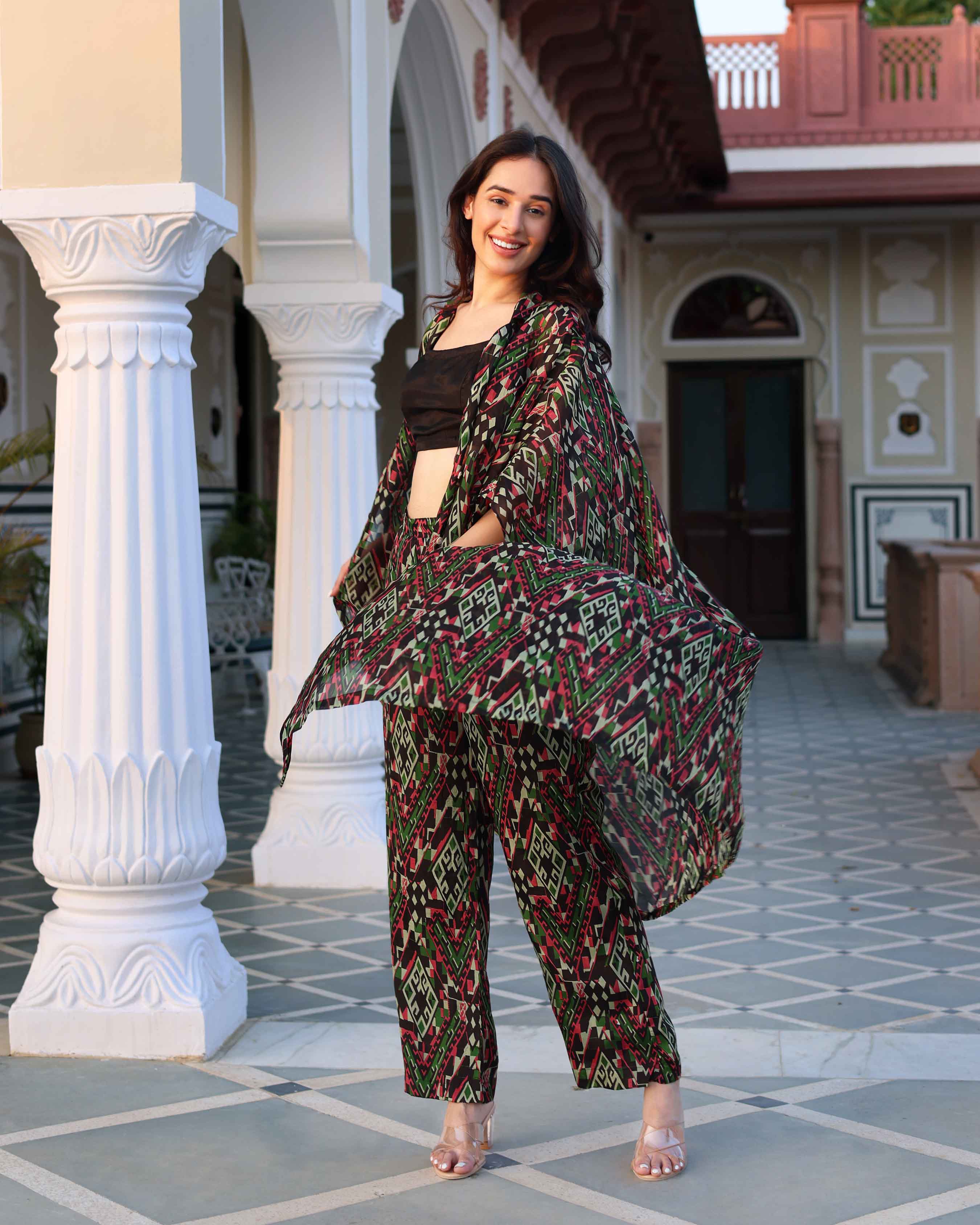 Black Diamond Geometry Printed Silk Coord Set - Image 3