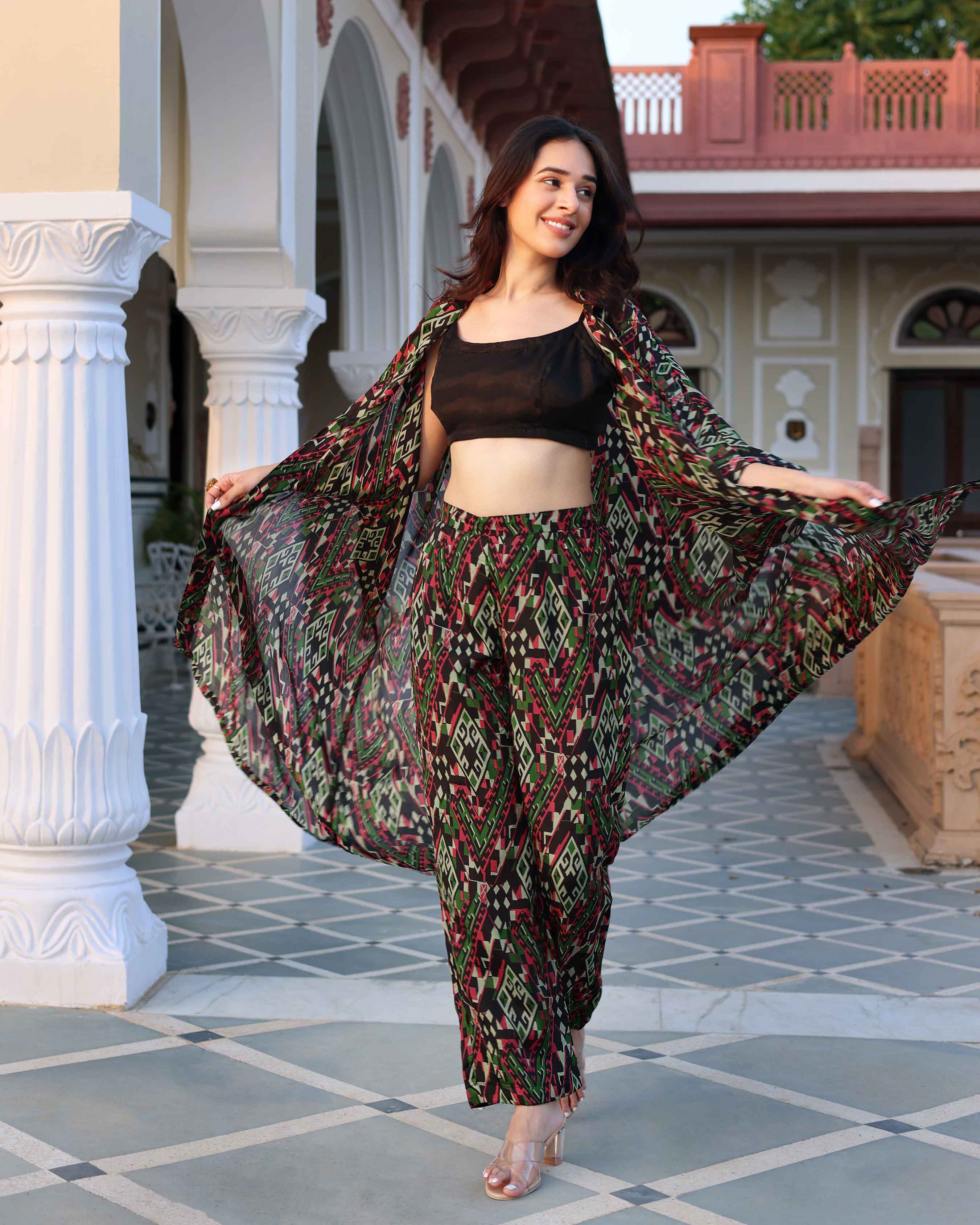 Black Diamond Geometry Printed Silk Coord Set - Image 5