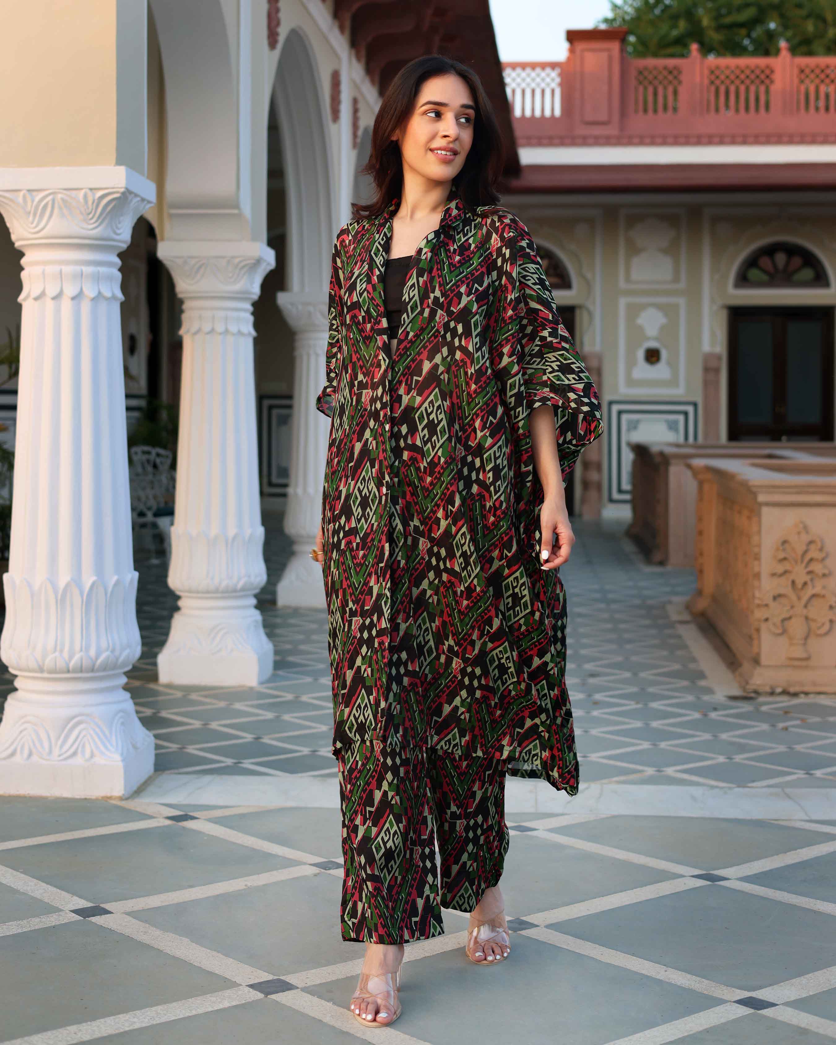 Black Diamond Geometry Printed Silk Coord Set - Image 6