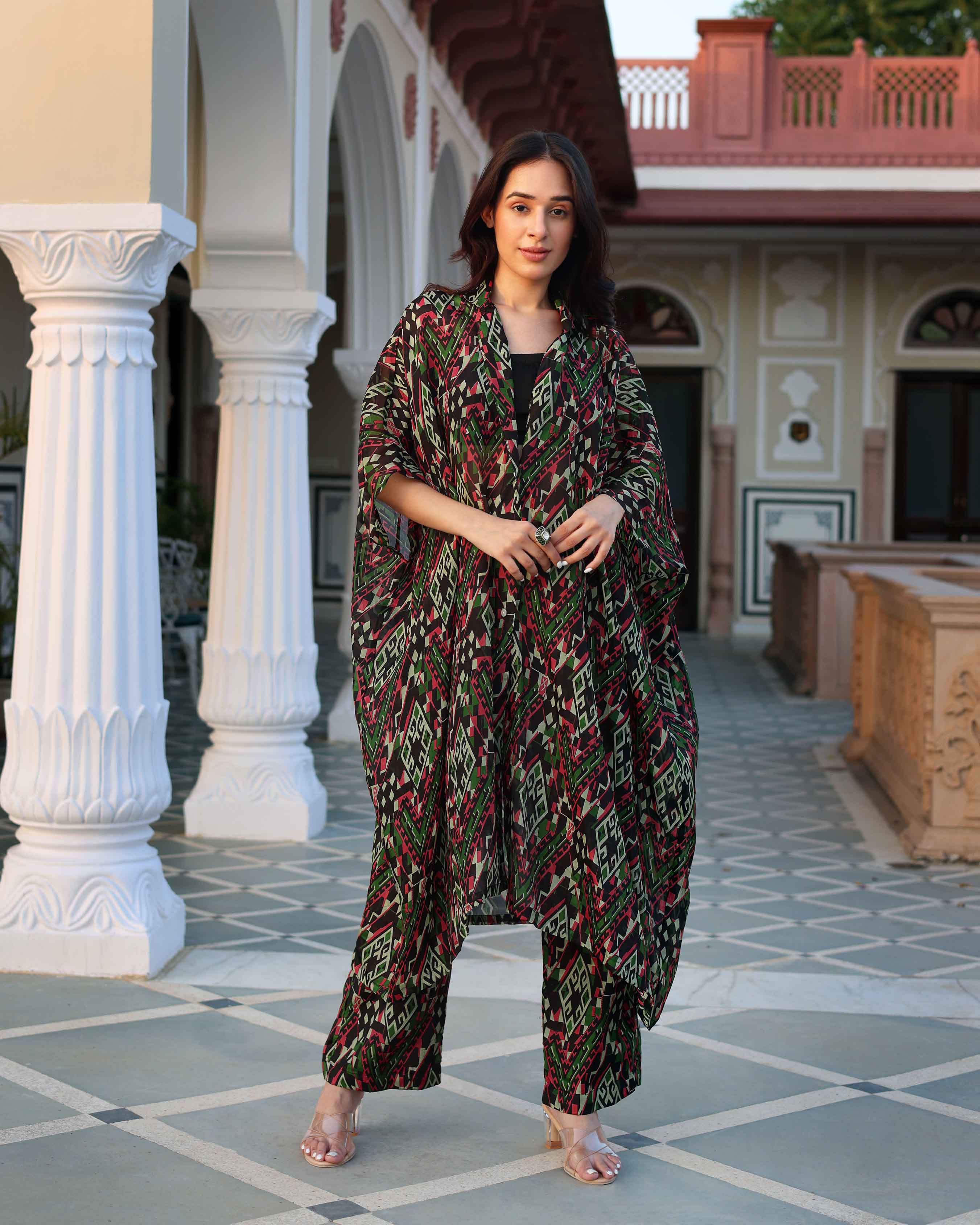 Black Diamond Geometry Printed Silk Coord Set - Image 7