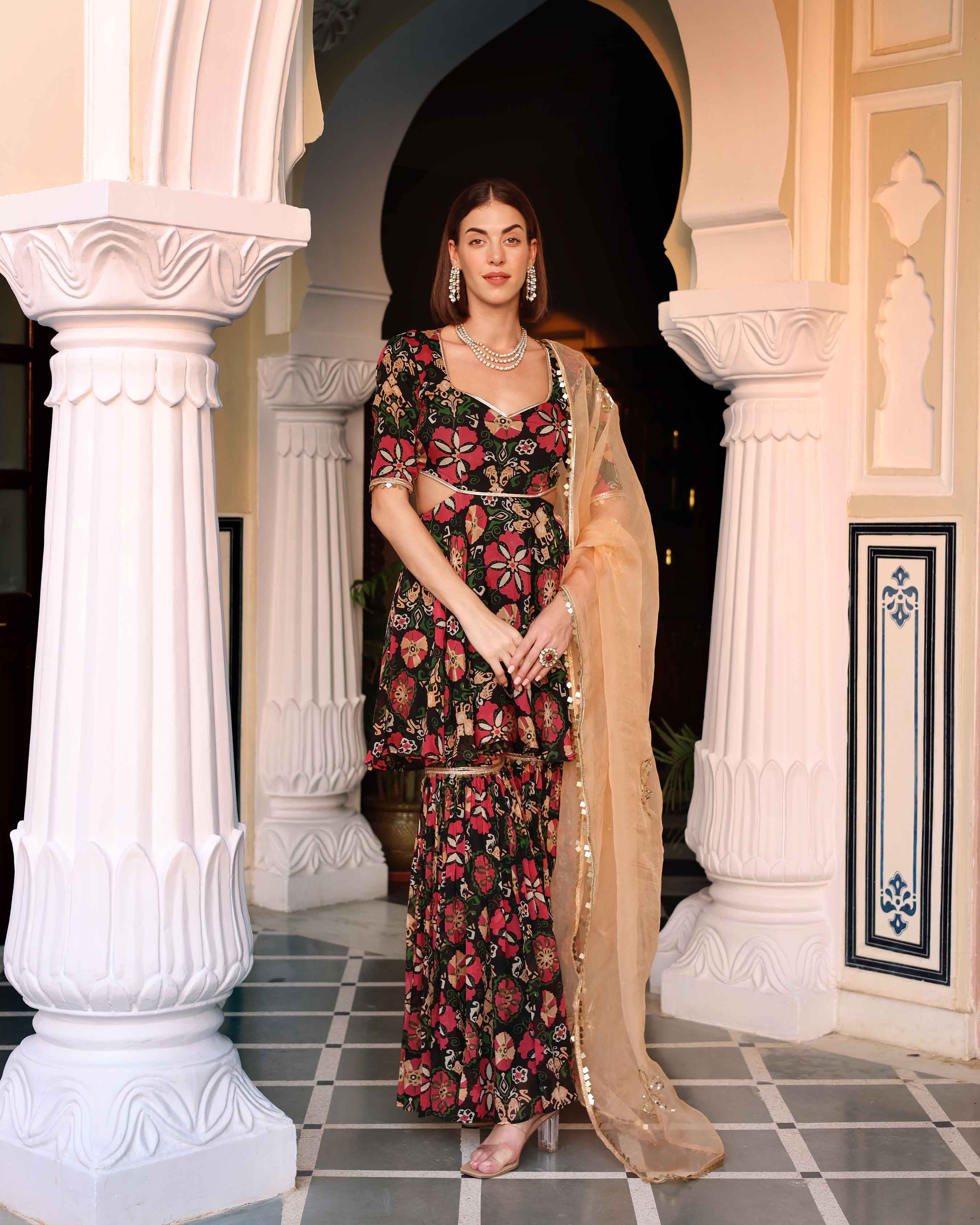Black Orchid Bouquet Printed Chinon Sharara Set - Image 2