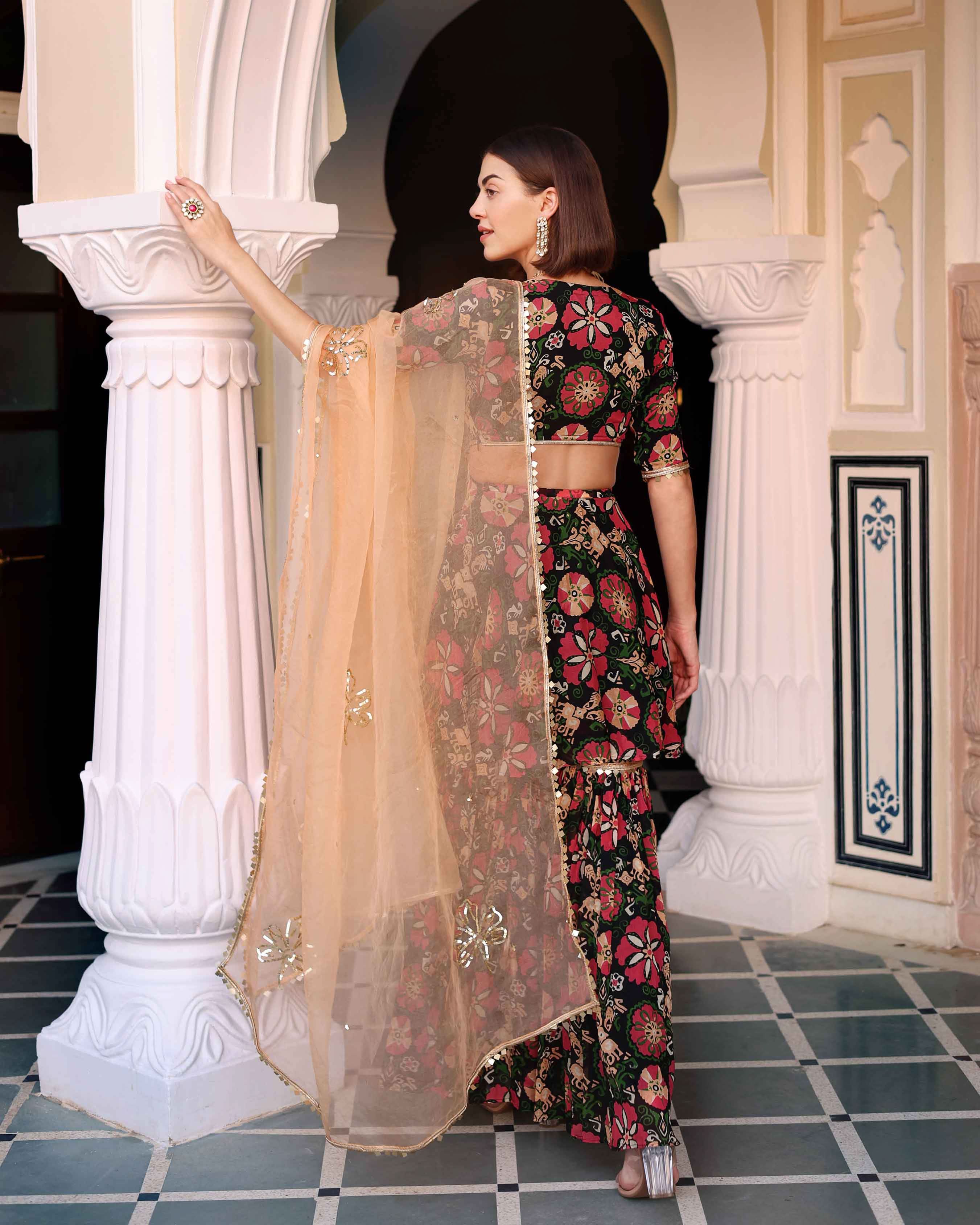 Black Orchid Bouquet Printed Chinon Sharara Set - Image 3