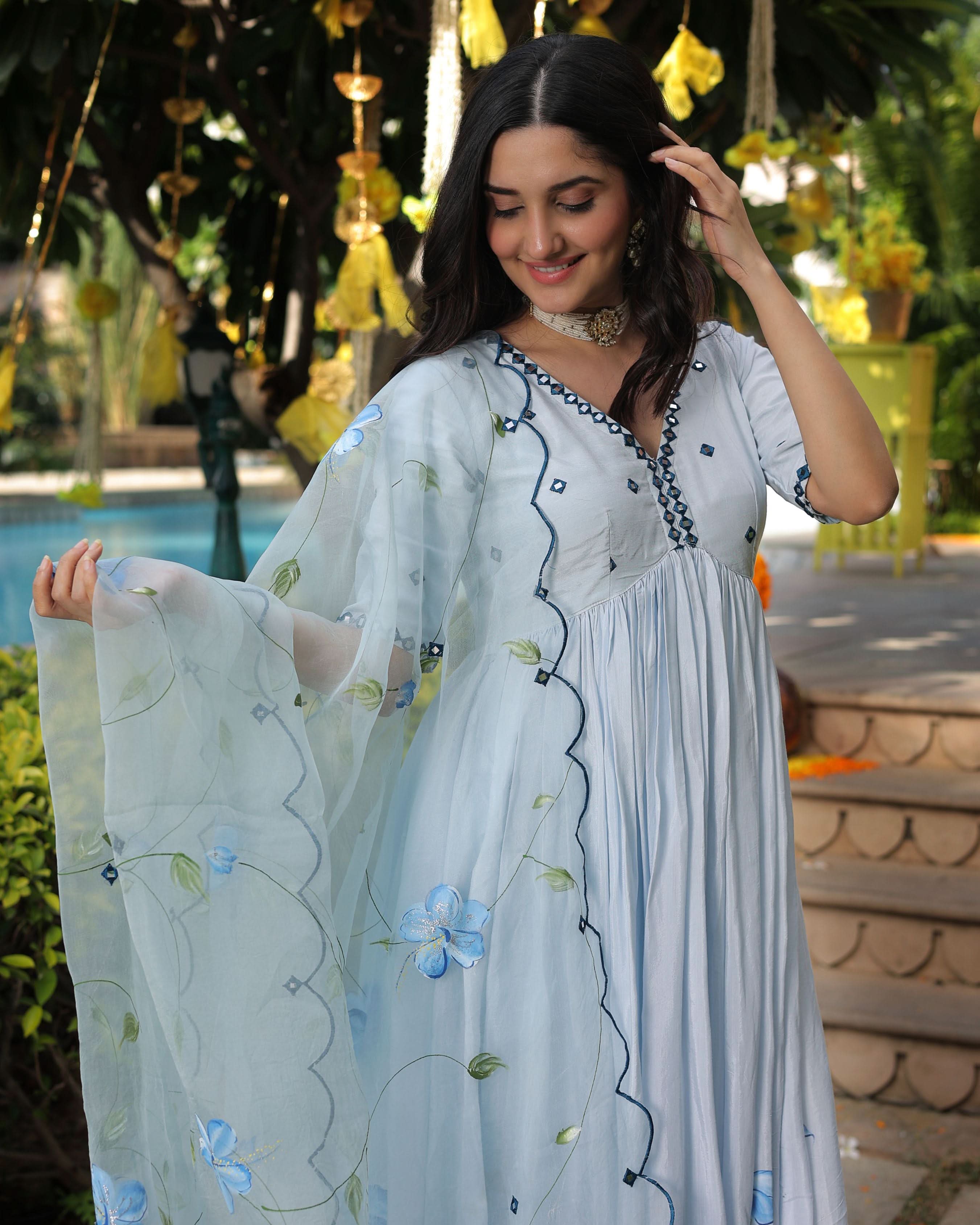 Blue Blossom Handpainted Cotton Silk Suit Set - Image 4