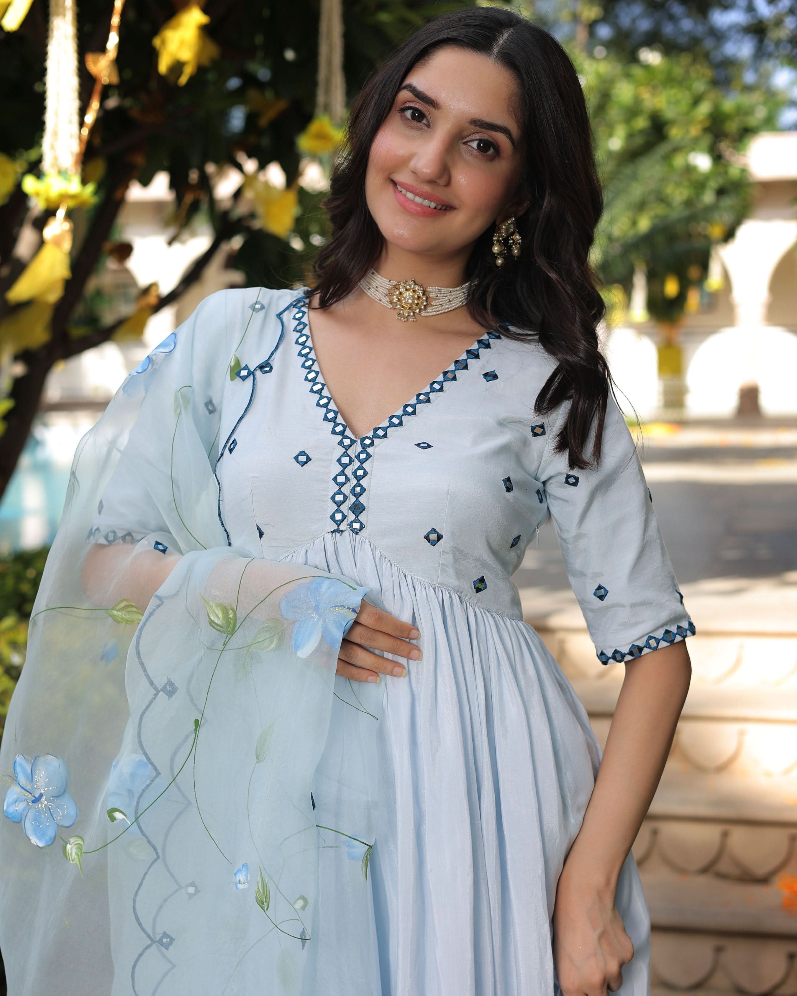Blue Blossom Handpainted Cotton Silk Suit Set - Image 7