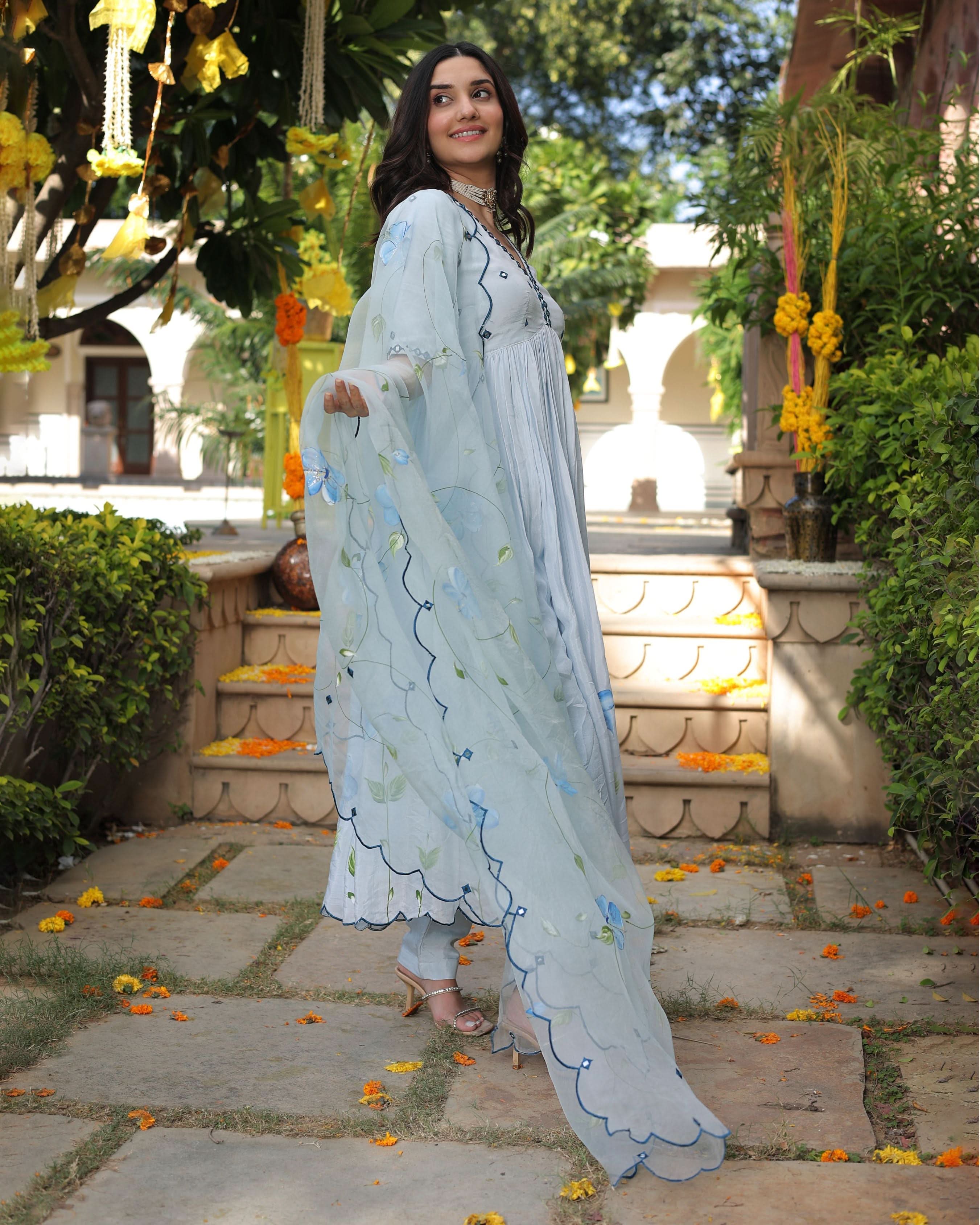 Blue Blossom Handpainted Cotton Silk Suit Set - Image 8