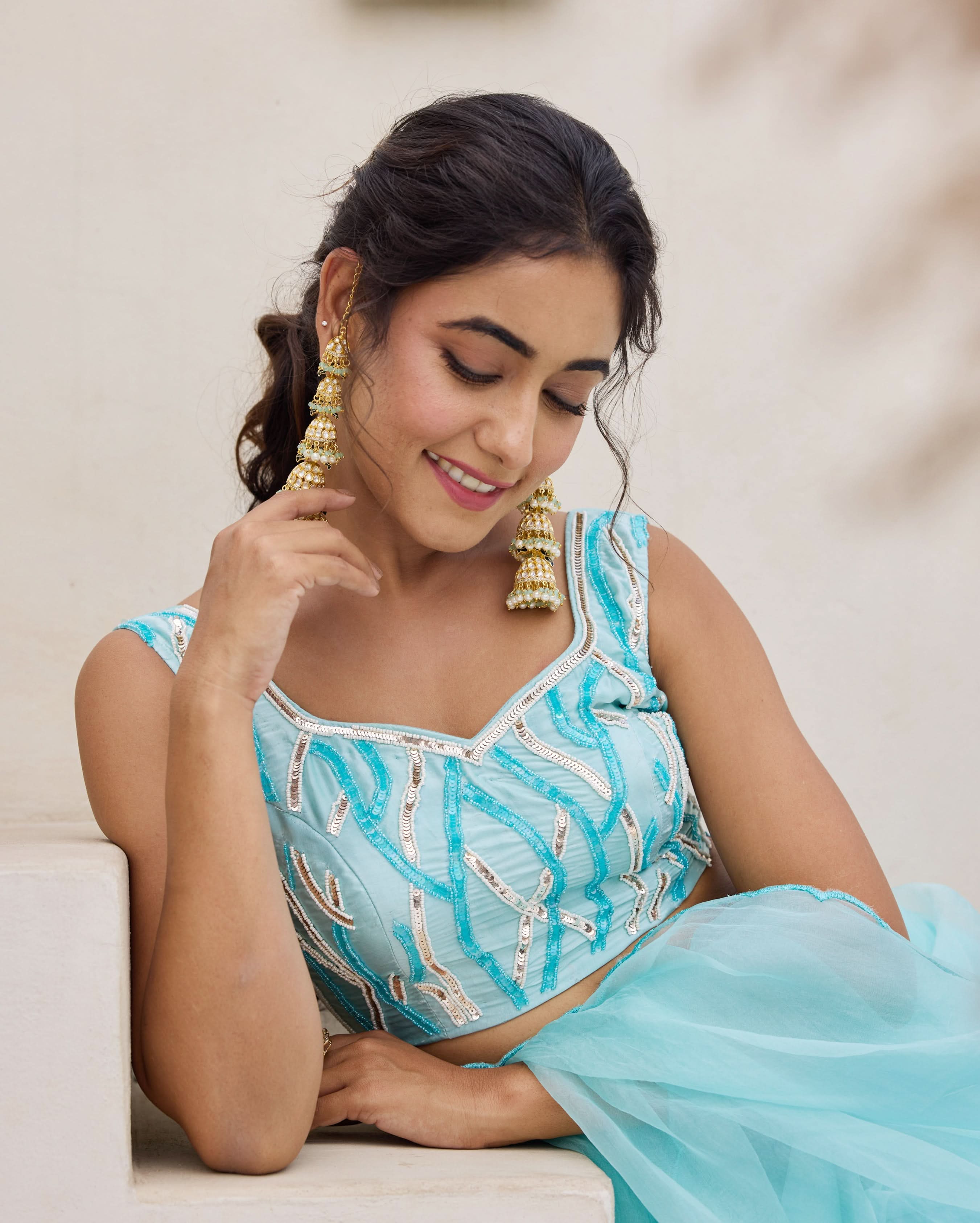 Blue Petal Satin Embroidered Blouse - Image 3