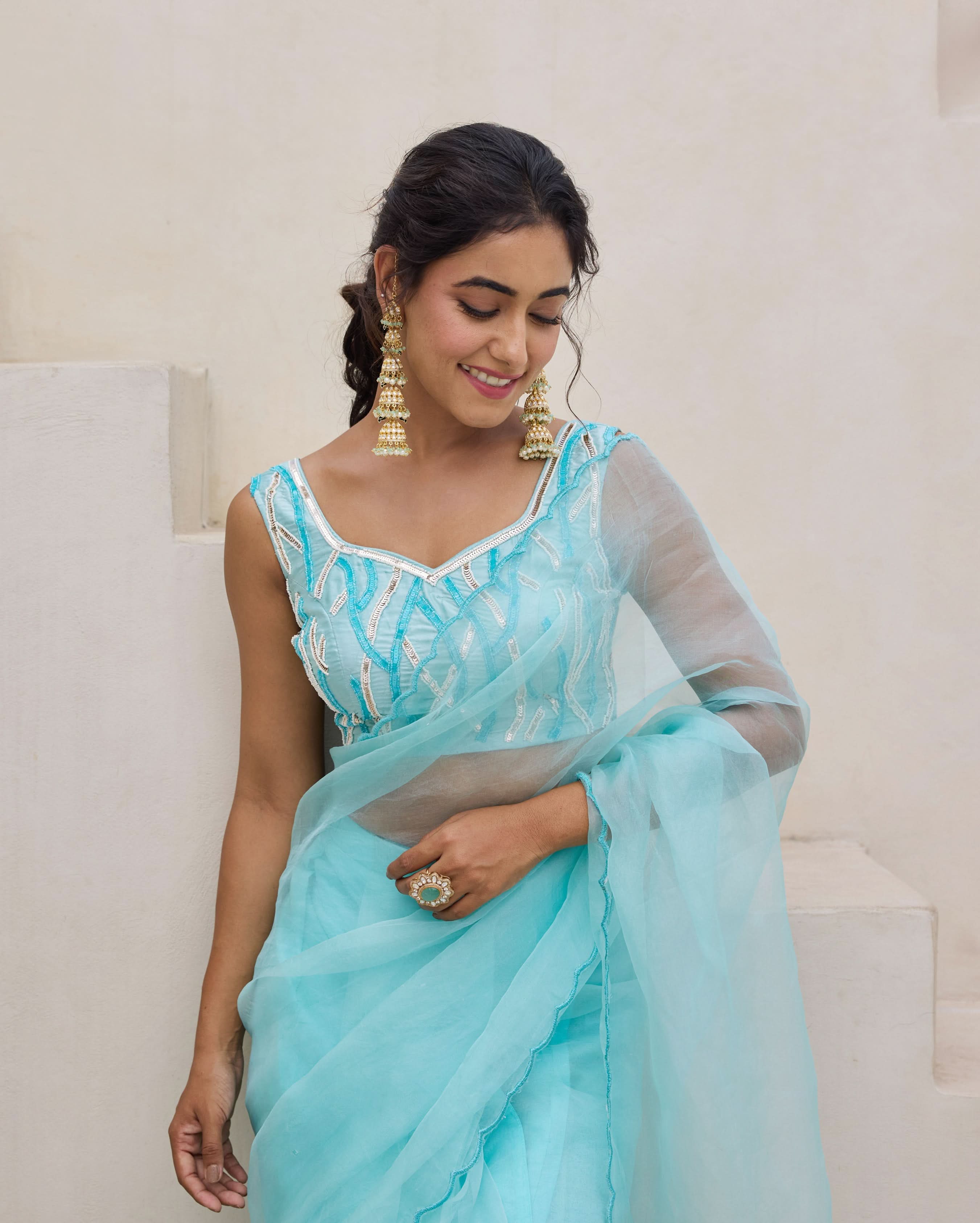 Blue Petal Satin Embroidered Blouse - Image 5