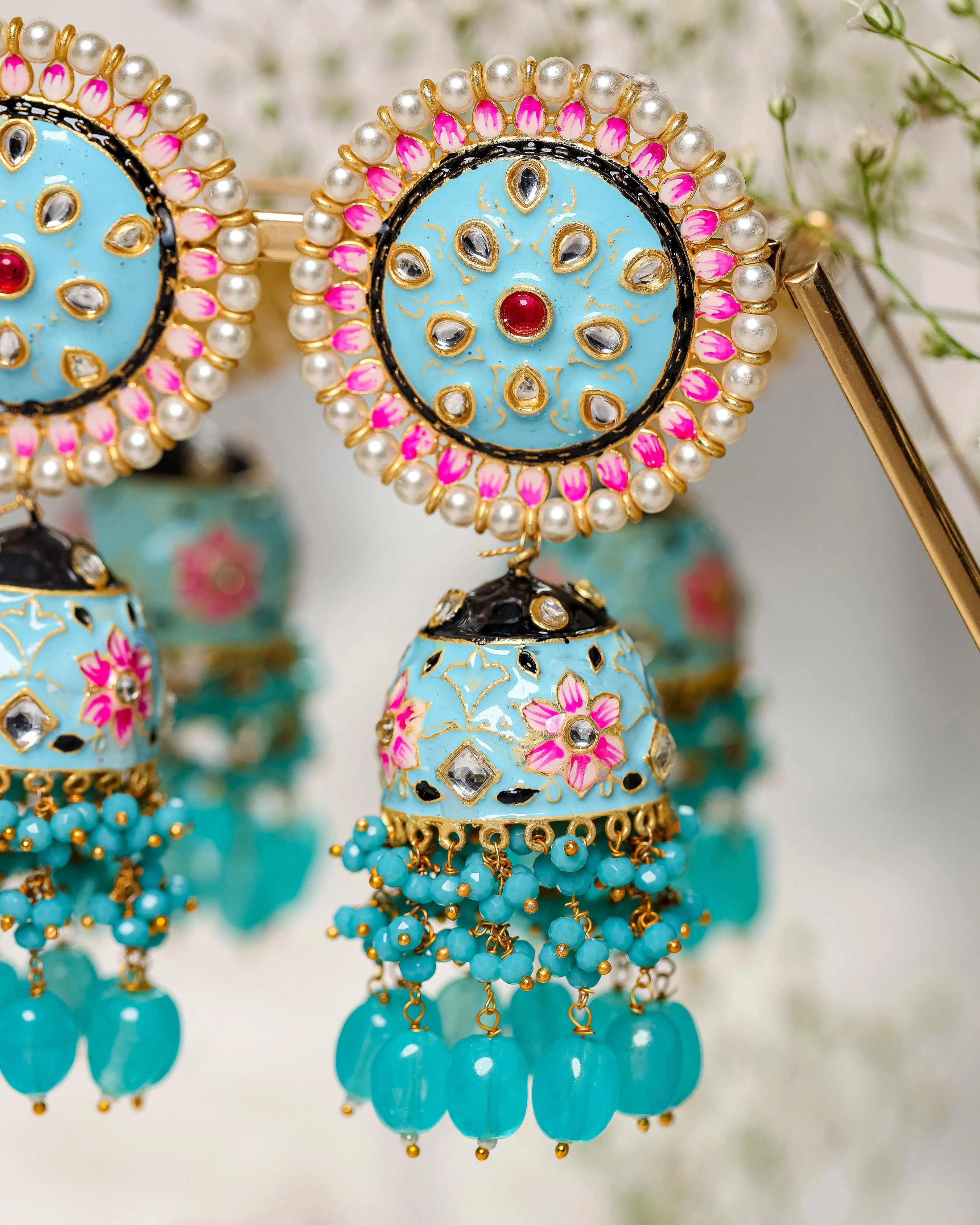 Blue Snowflake Handcrafted Brass Earrings - Image 2